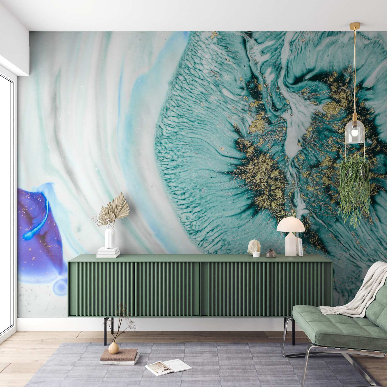 Papier peint fleur abstraite en nuances de bleu sur une surface en marbre