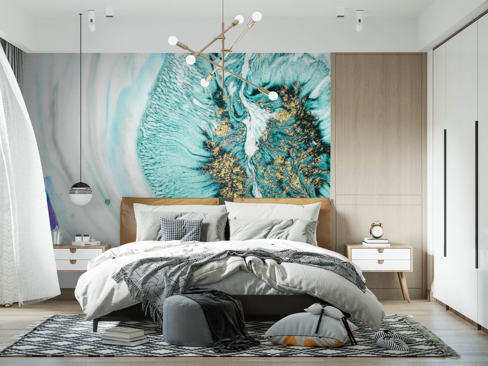 Papier peint fleur abstraite en nuances de bleu sur une surface en marbre