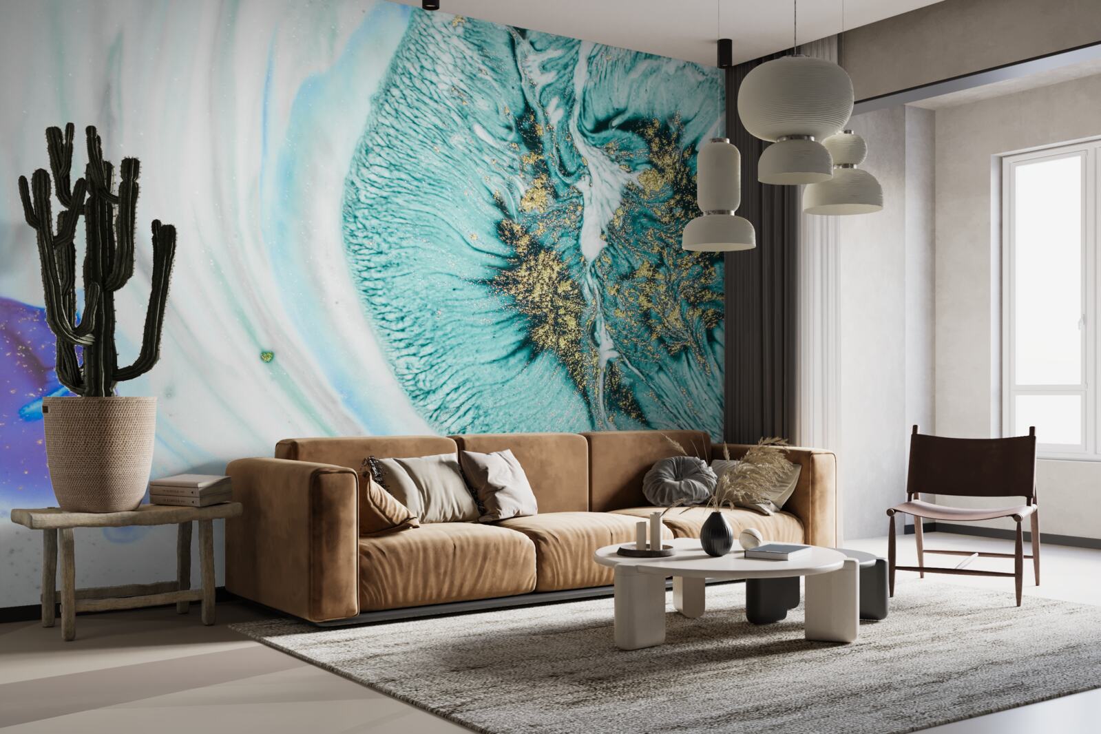 Papier peint fleur abstraite en nuances de bleu sur une surface en marbre