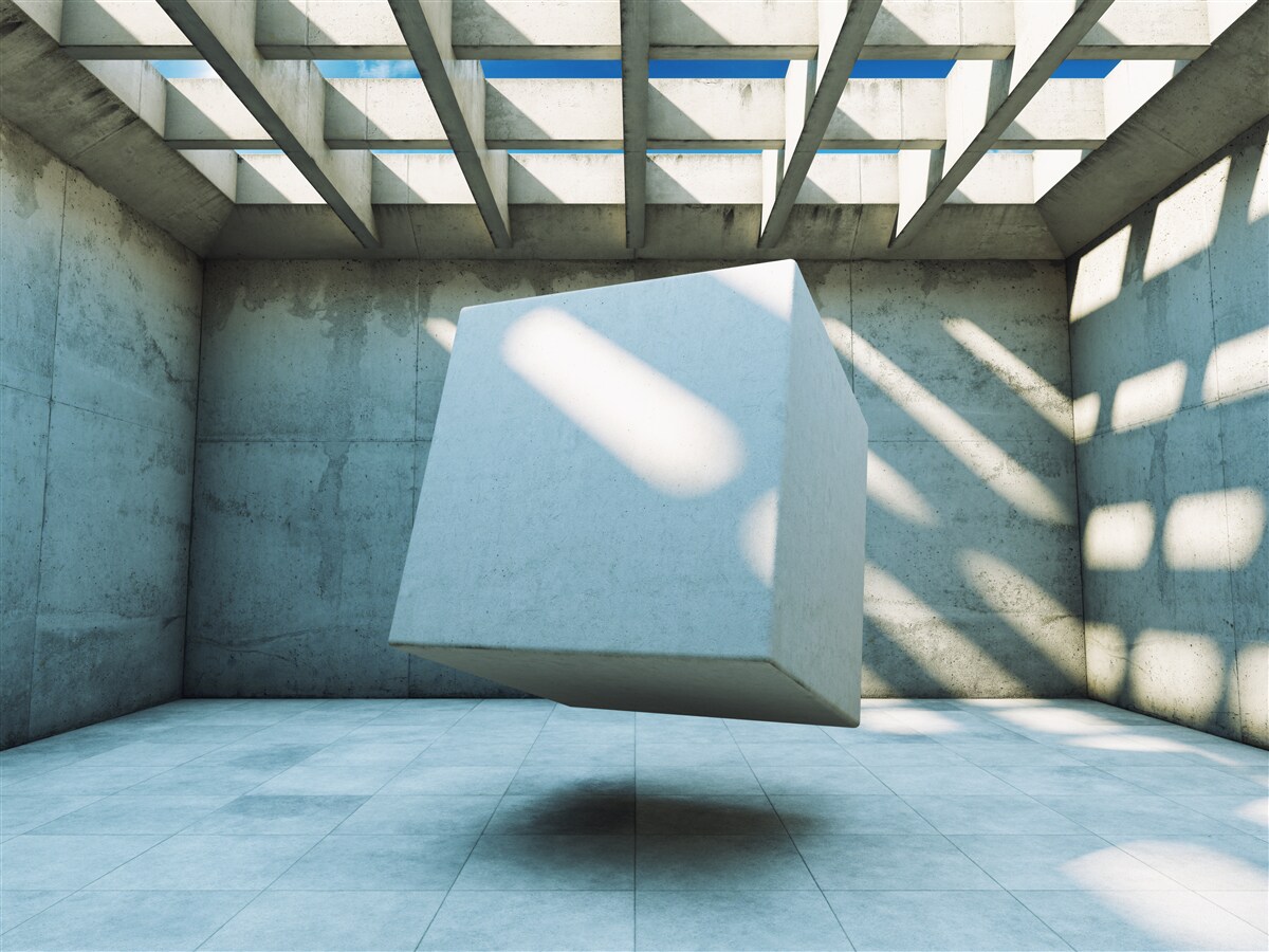 Papier peint Cube 3D flottant dans une pièce éclairée