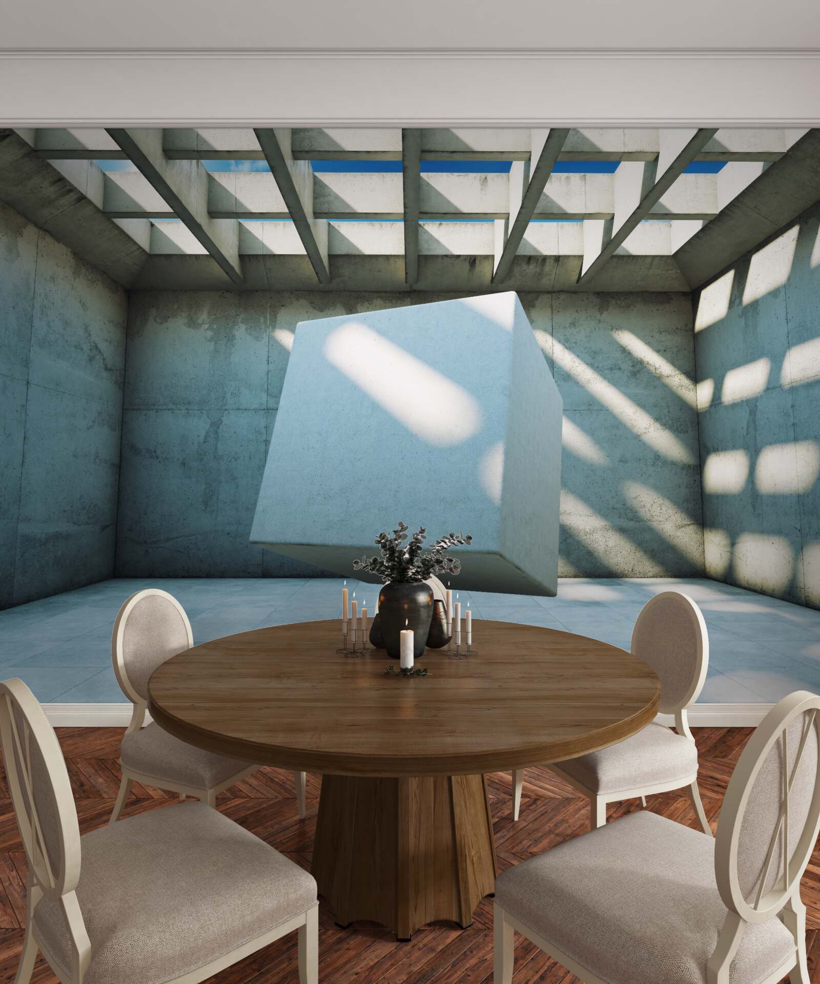 Papier peint Cube 3D flottant dans une pièce éclairée