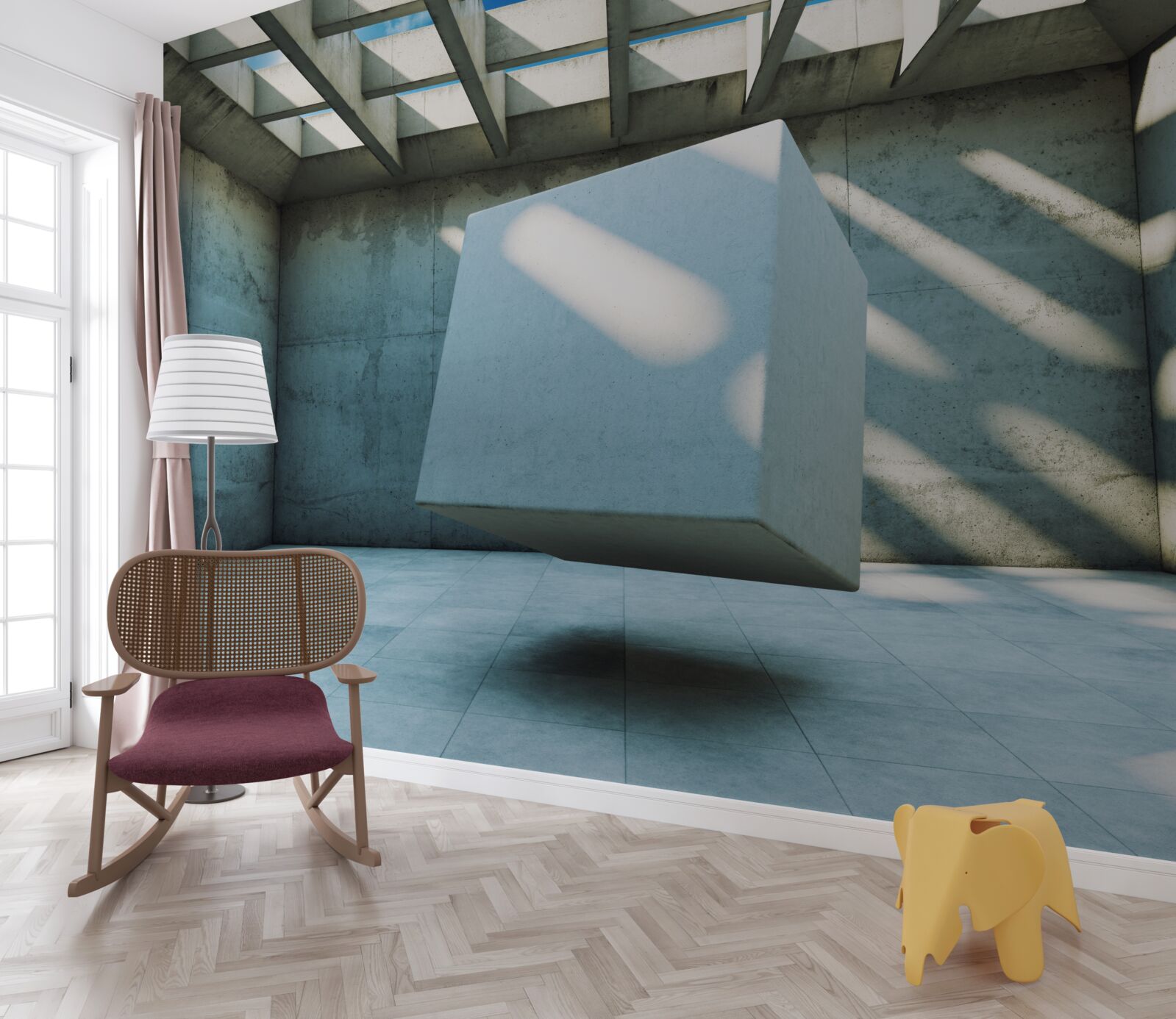 Papier peint Cube 3D flottant dans une pièce éclairée