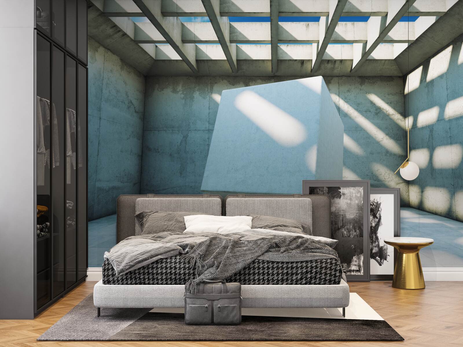 Papier peint Cube 3D flottant dans une pièce éclairée