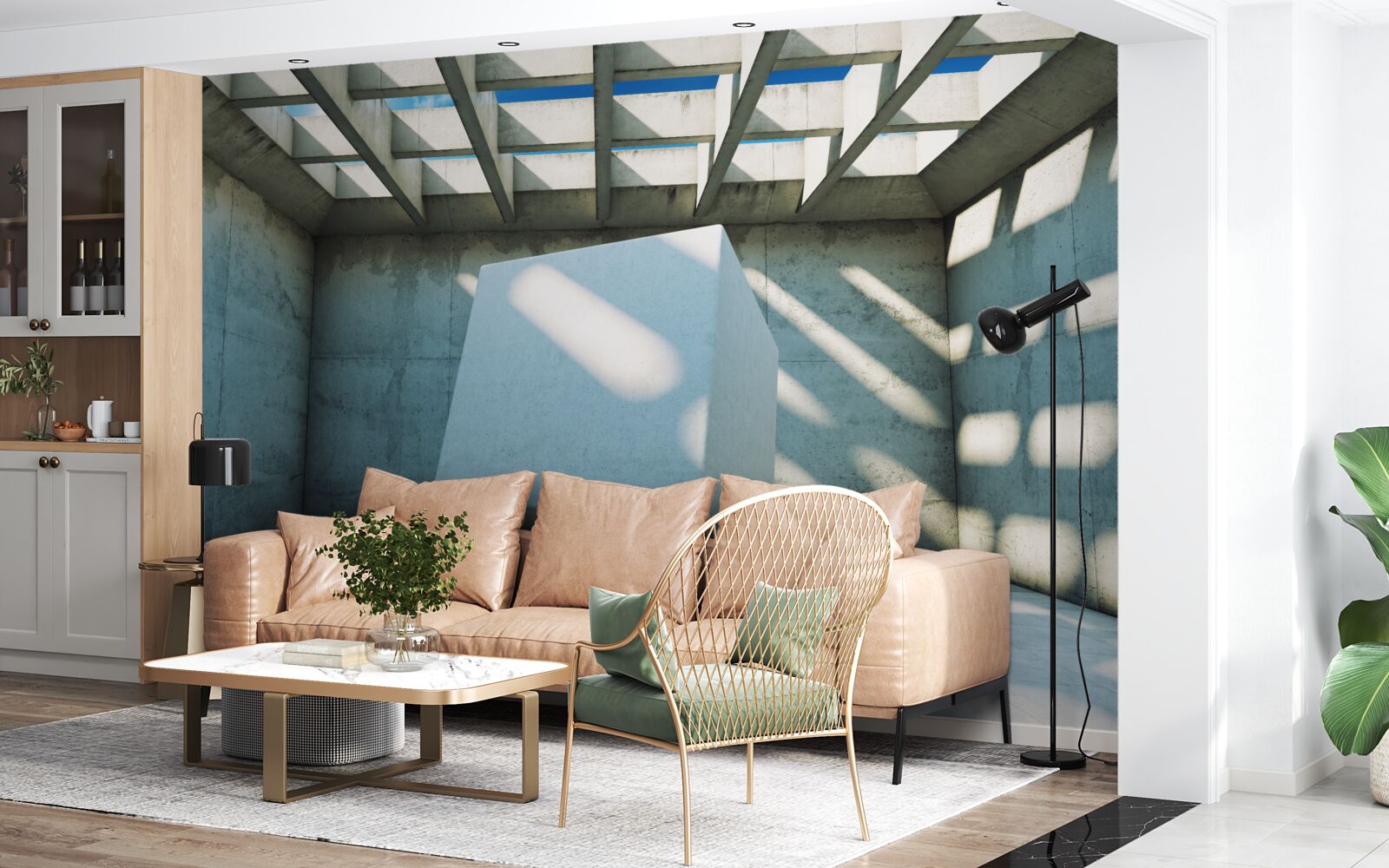 Papier peint Cube 3D flottant dans une pièce éclairée