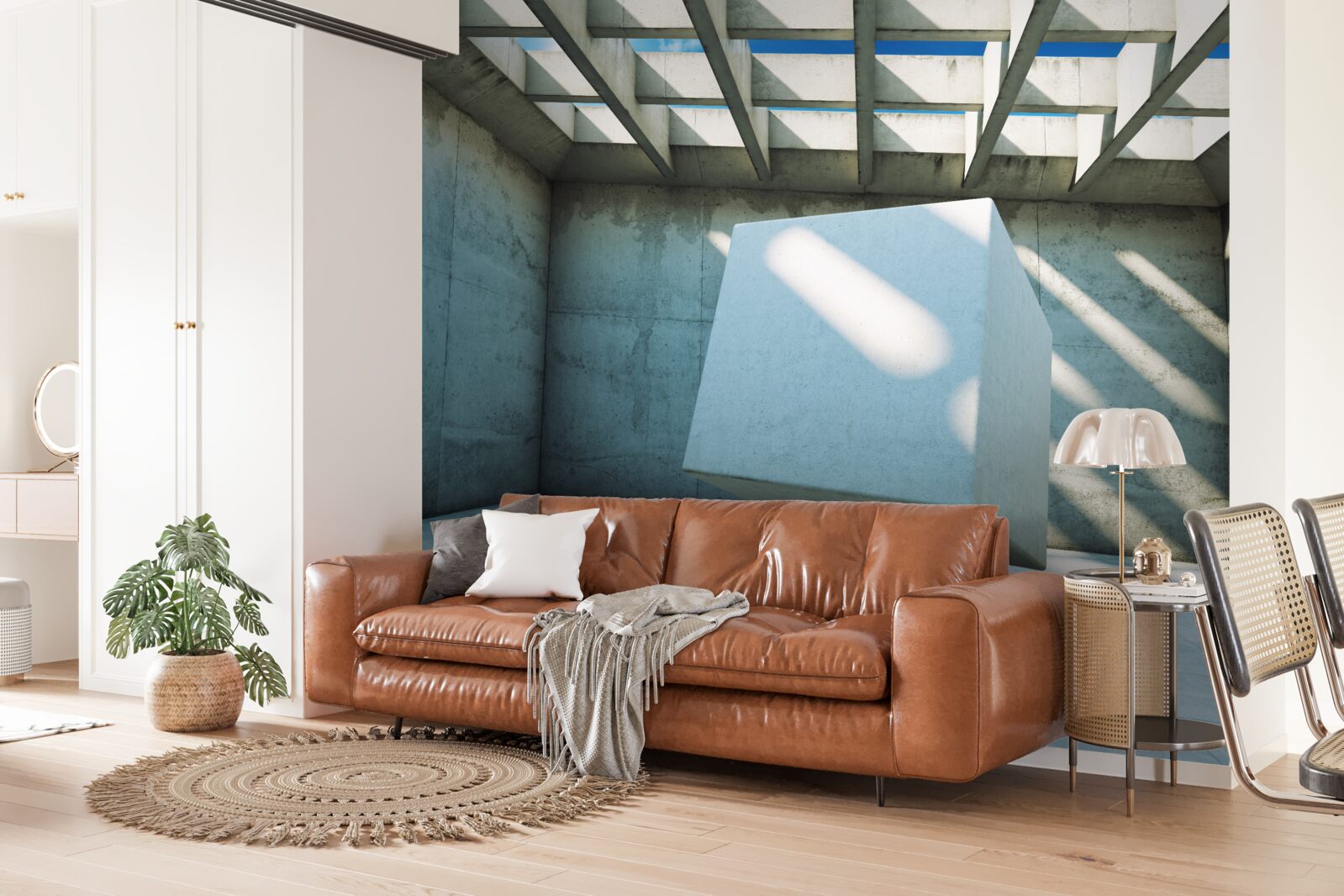 Papier peint Cube 3D flottant dans une pièce éclairée