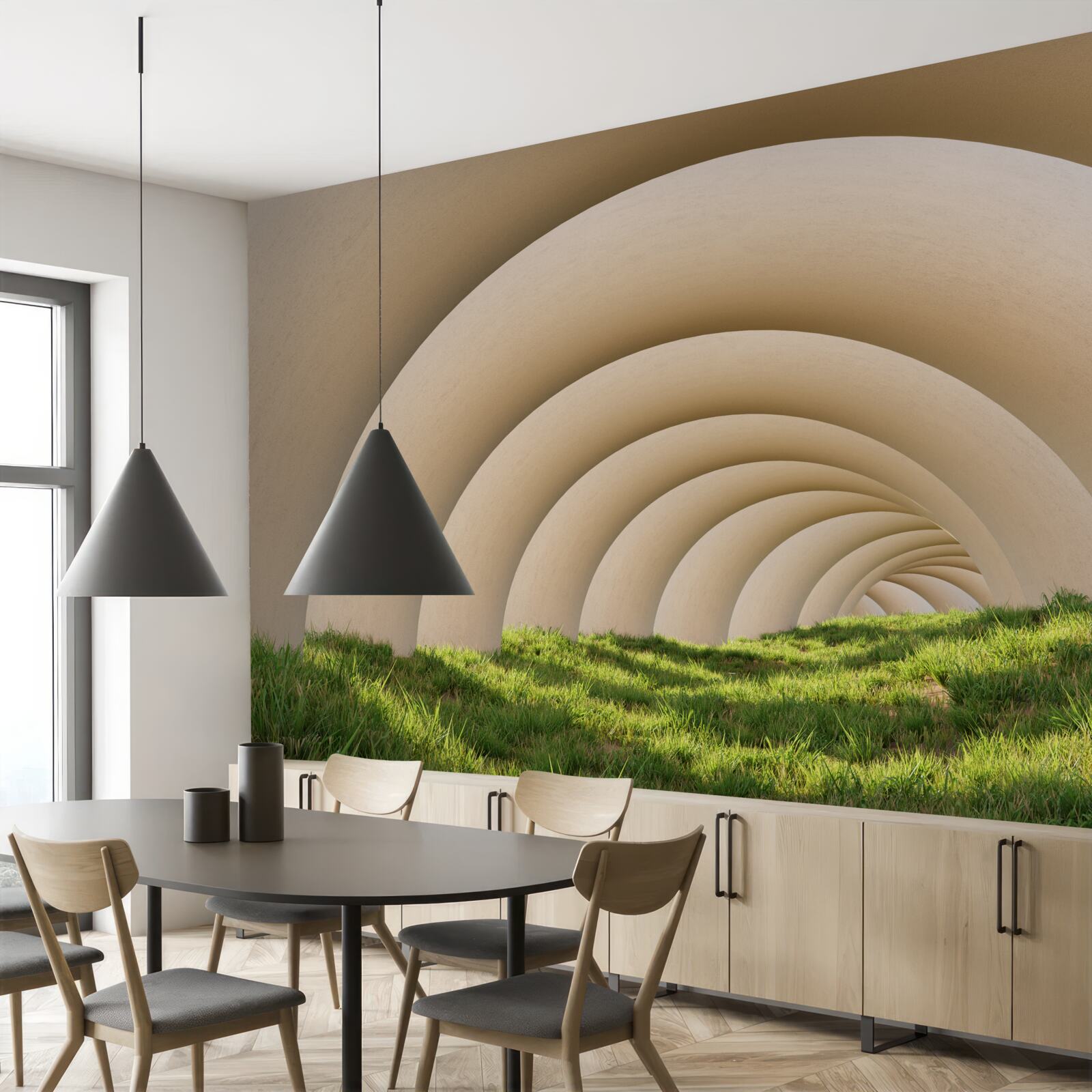 Papier peint l'herbe verte sous les lignes courbes des grandes arches