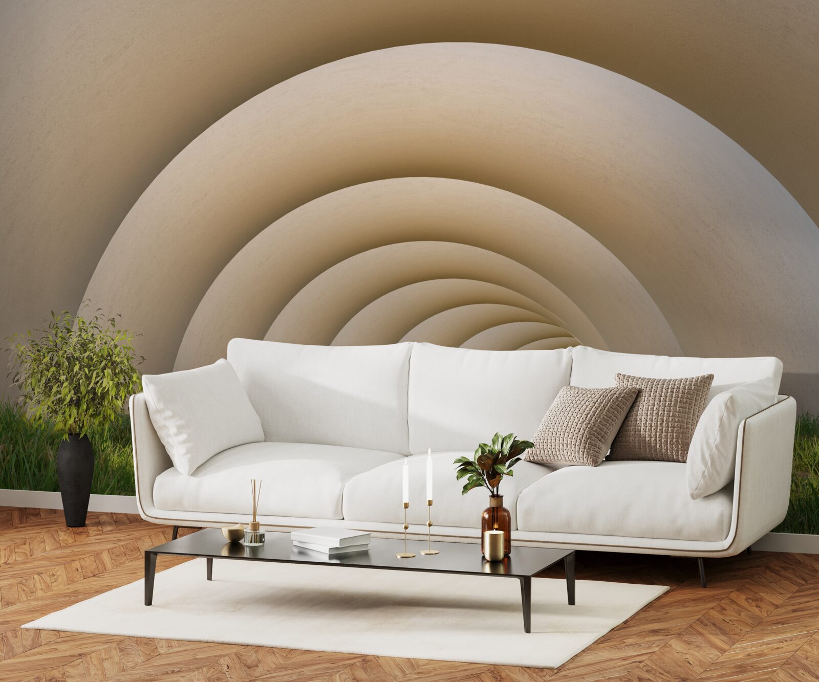 Papier peint l'herbe verte sous les lignes courbes des grandes arches