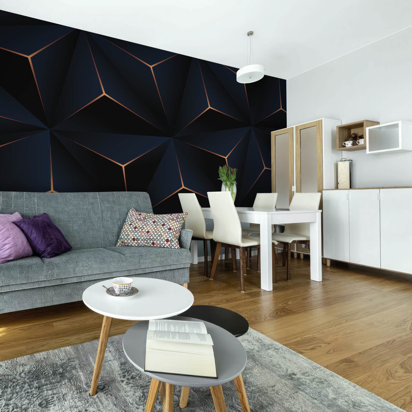 Papier peint pyramides noires volumétriques aux arêtes dorées