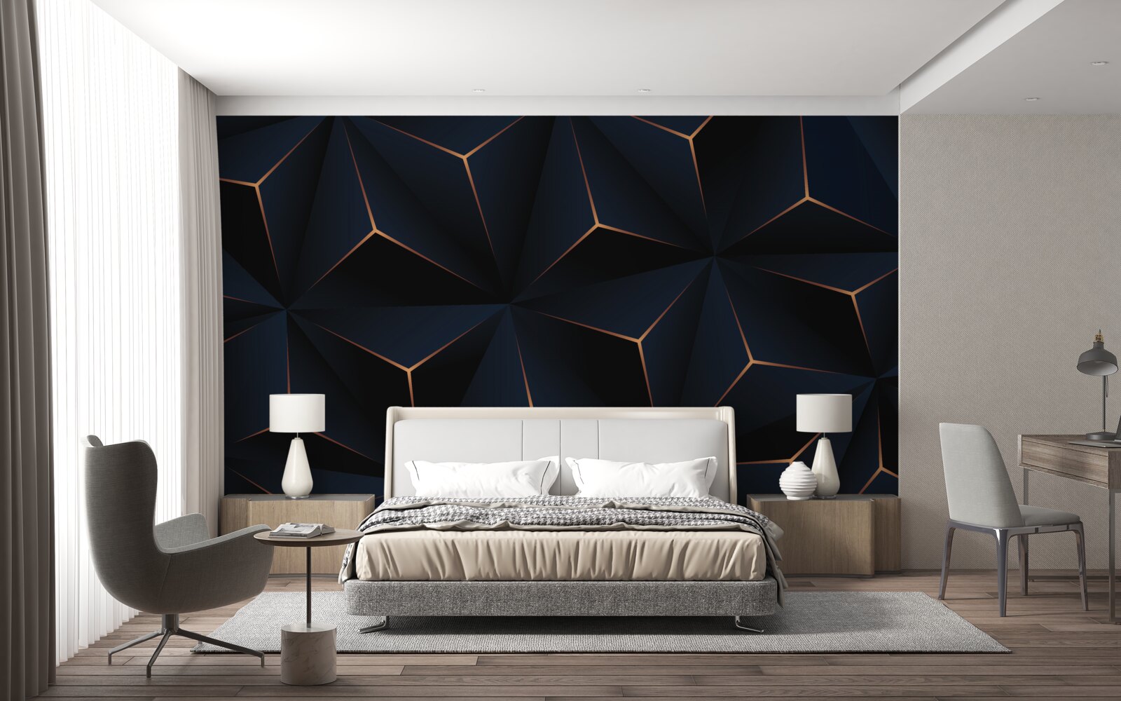 Papier peint pyramides noires volumétriques aux arêtes dorées