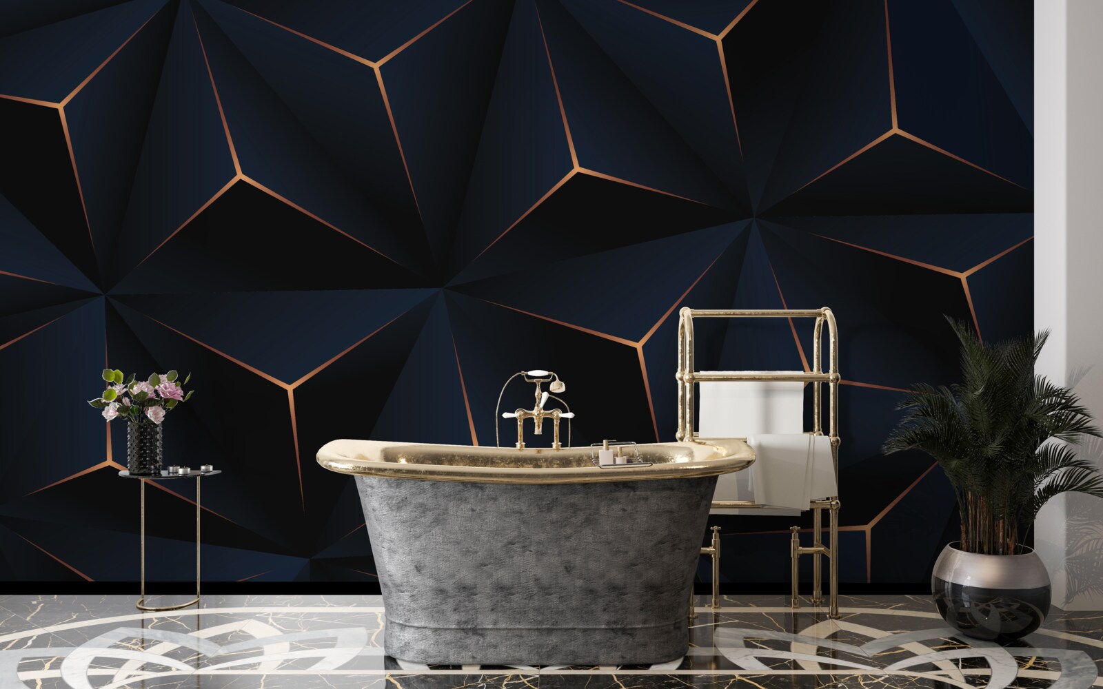 Papier peint pyramides noires volumétriques aux arêtes dorées