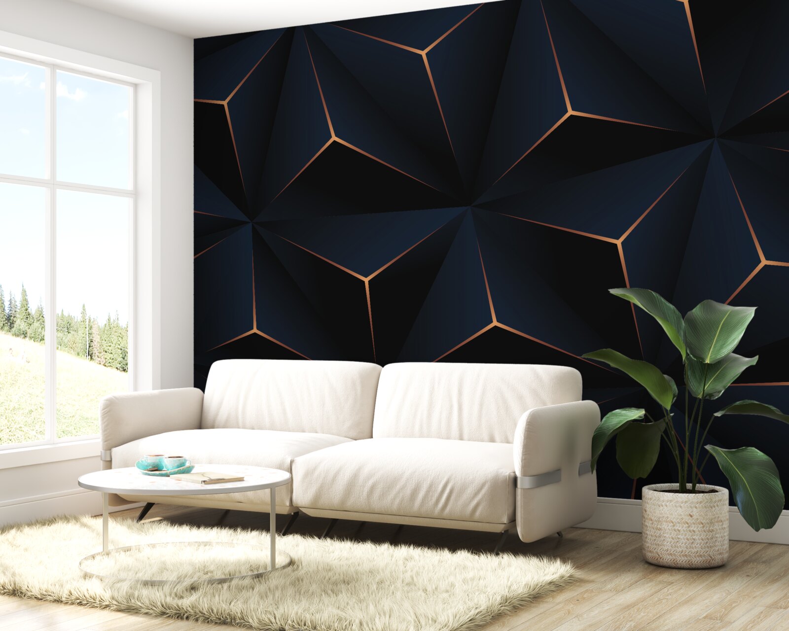 Papier peint pyramides noires volumétriques aux arêtes dorées