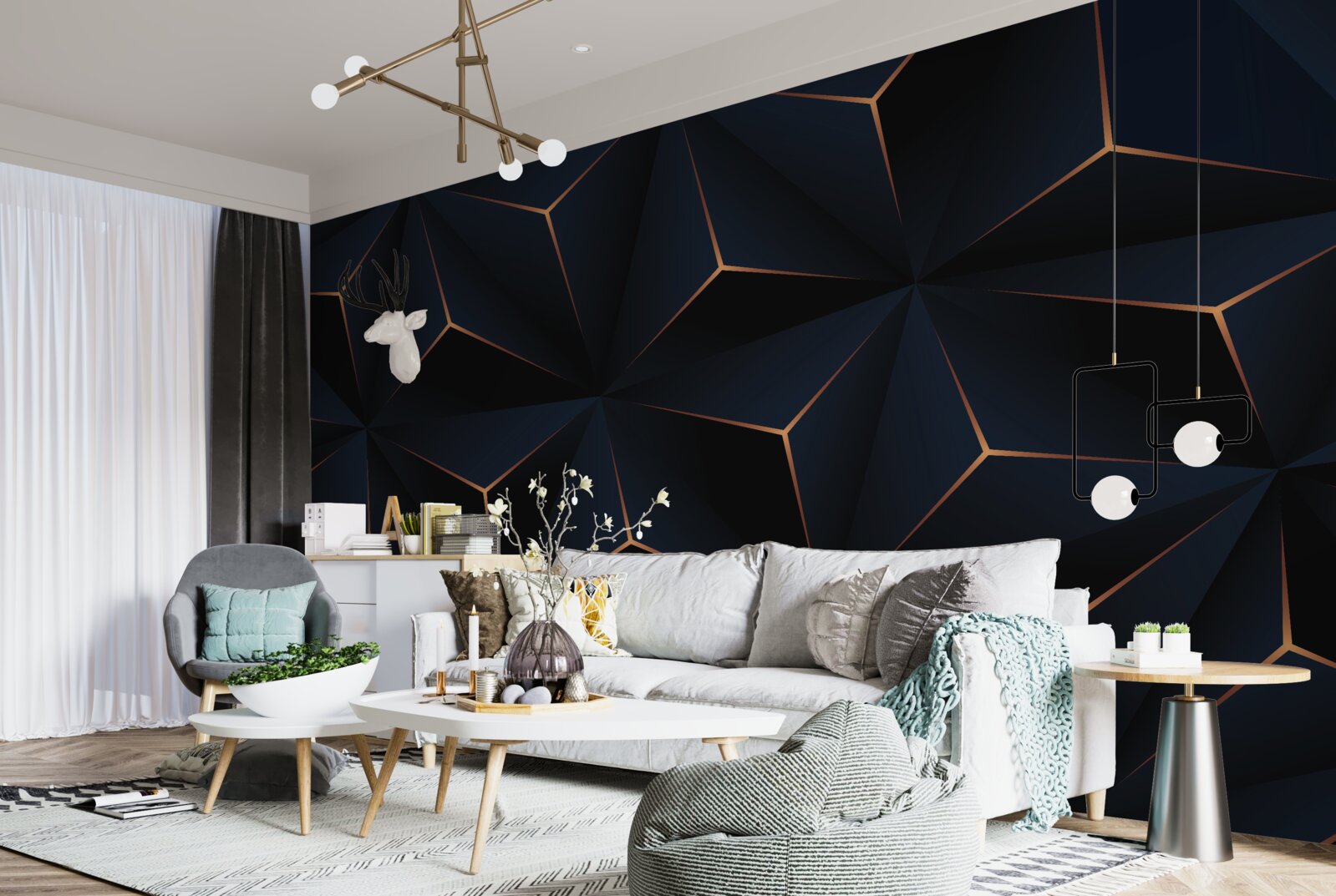 Papier peint pyramides noires volumétriques aux arêtes dorées