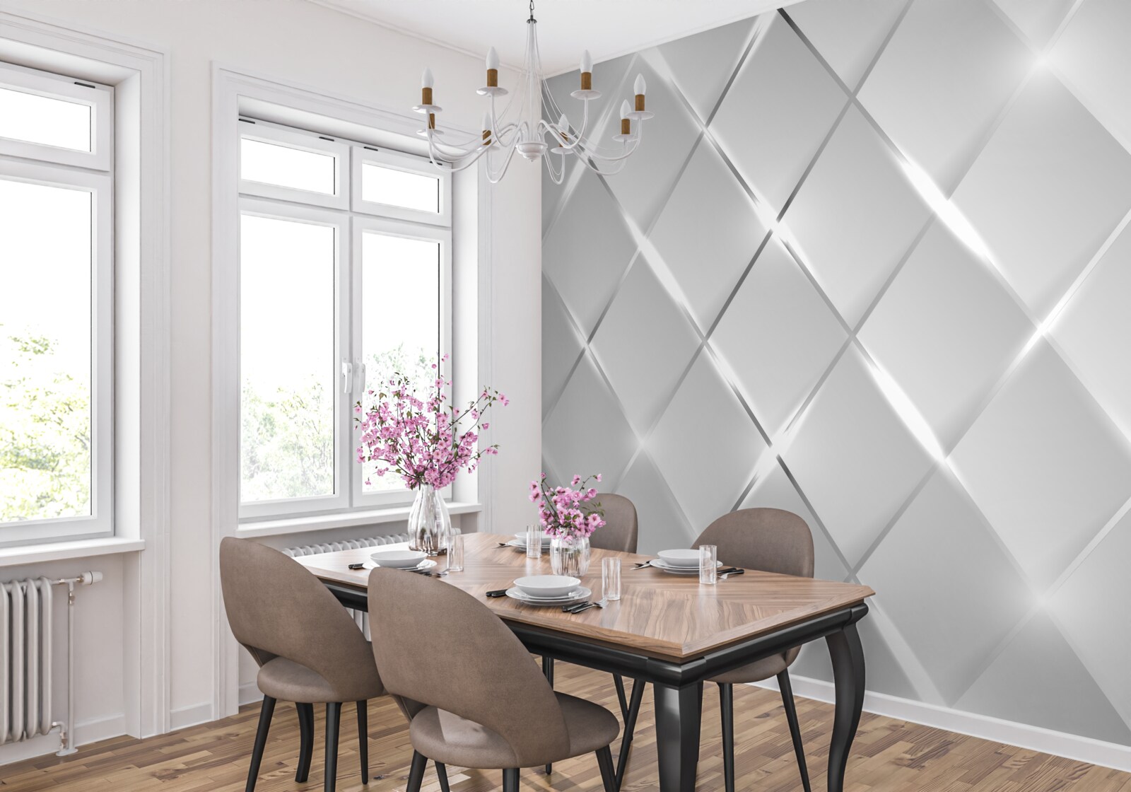 Papier peint motif en forme de diamant avec des contours argentés