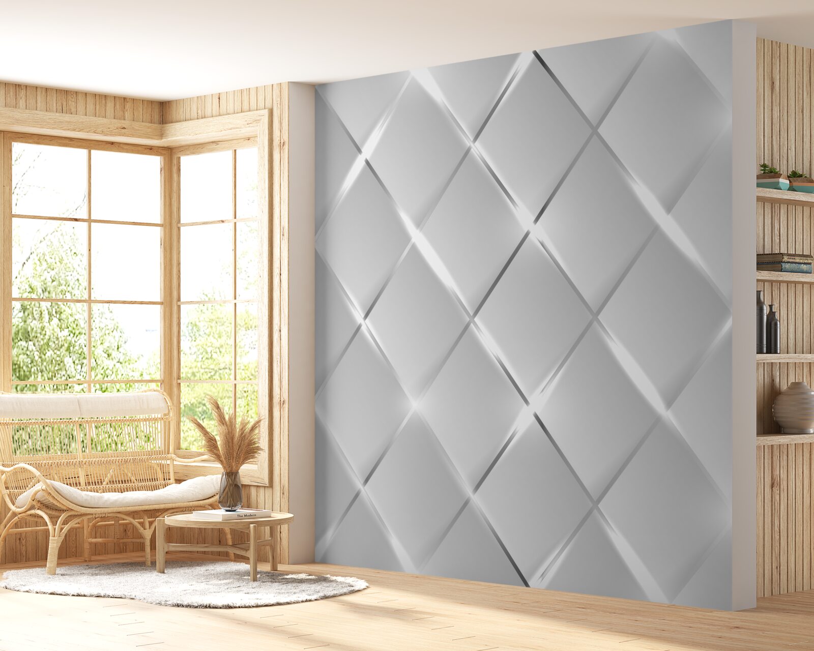 Papier peint motif en forme de diamant avec des contours argentés