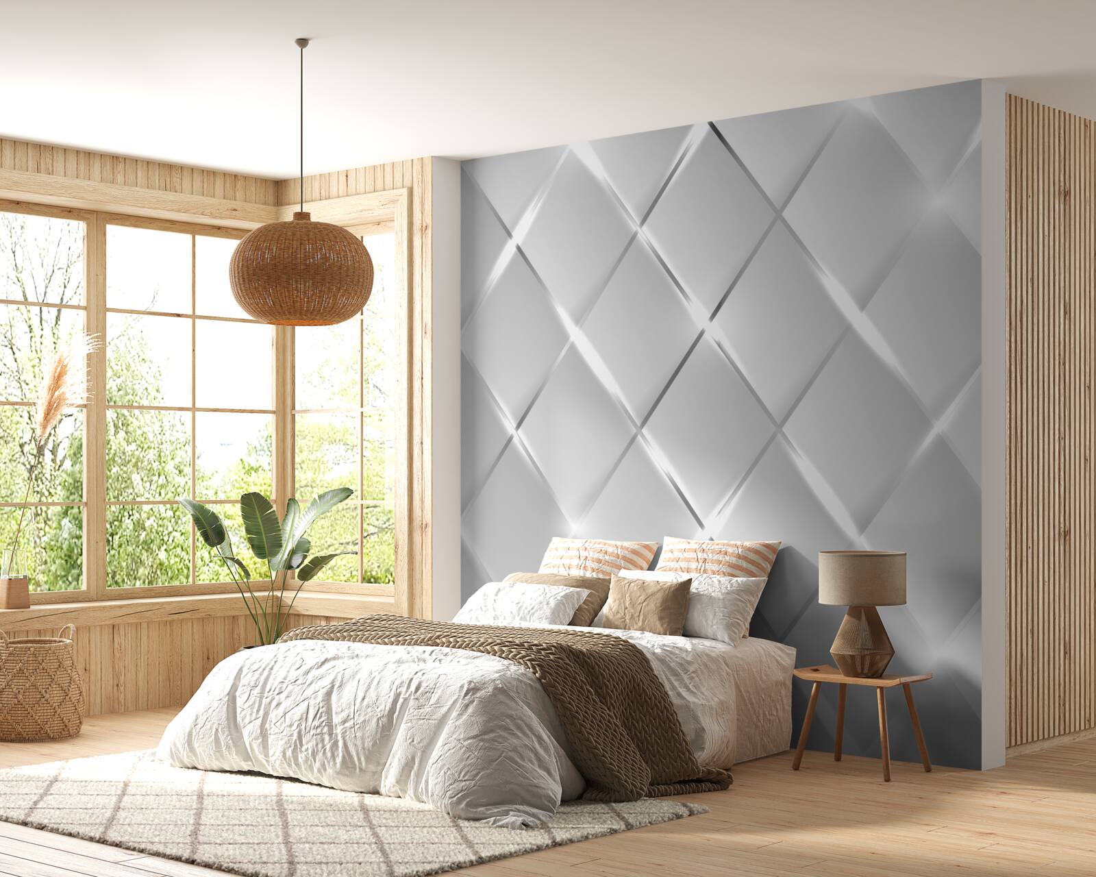 Papier peint motif en forme de diamant avec des contours argentés