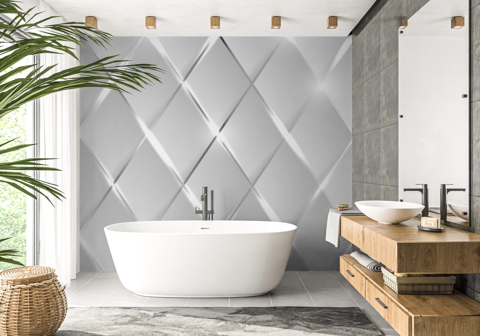 Papier peint motif en forme de diamant avec des contours argentés