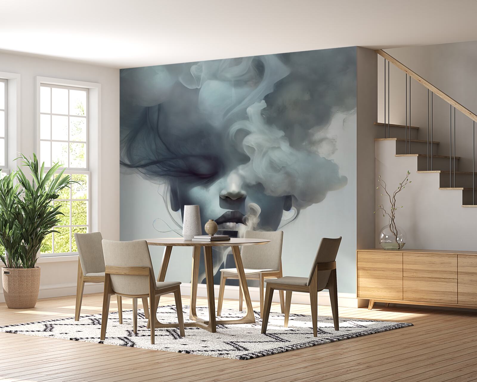 Papier peint femme dans la brume grise