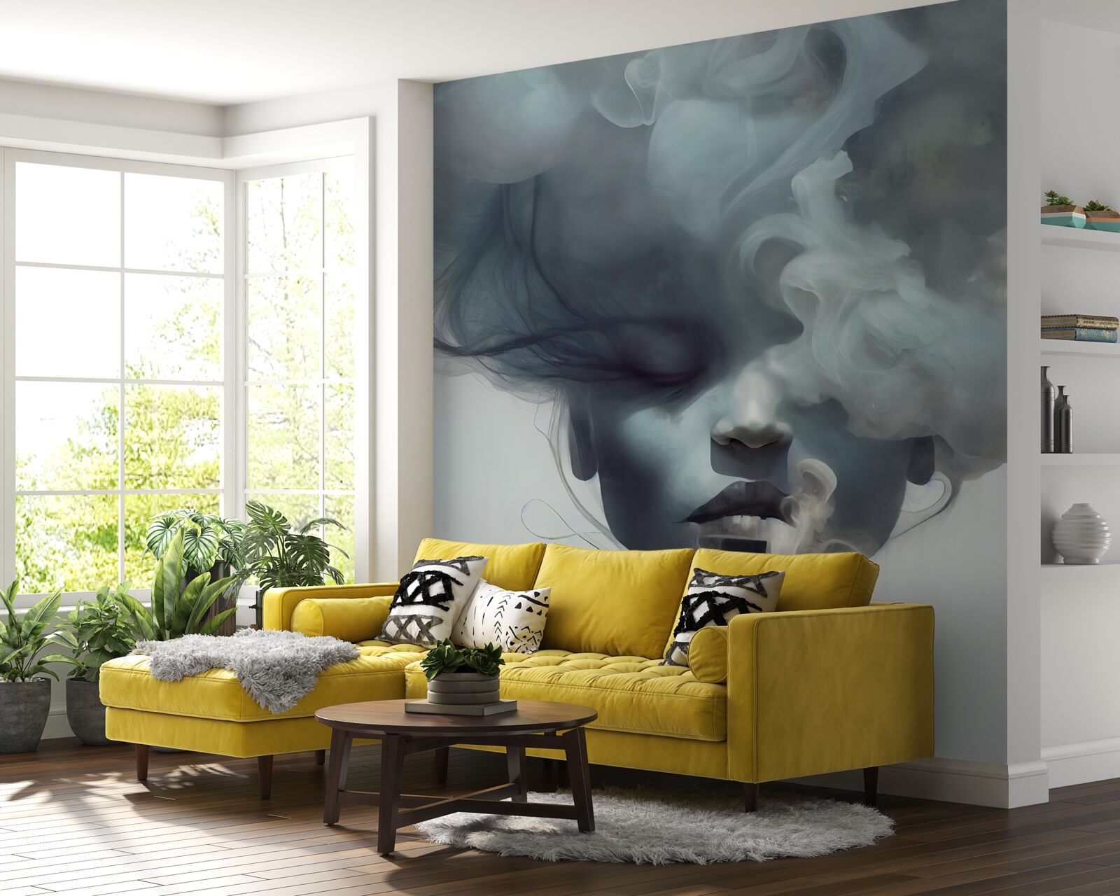 Papier peint femme dans la brume grise