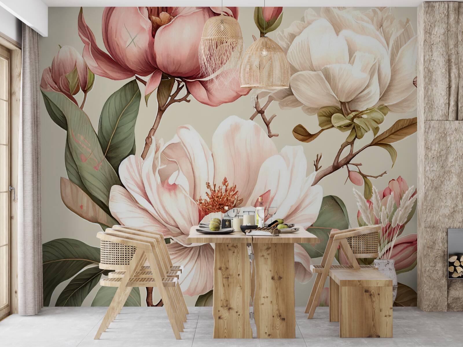 Papier peint des magnolias dans les tons rouge et blanc sur les branches