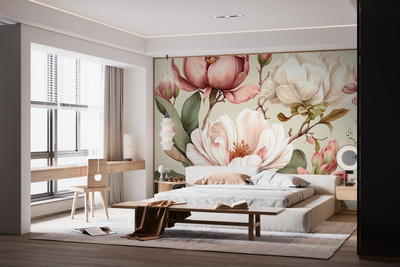 Papier peint des magnolias dans les tons rouge et blanc sur les branches