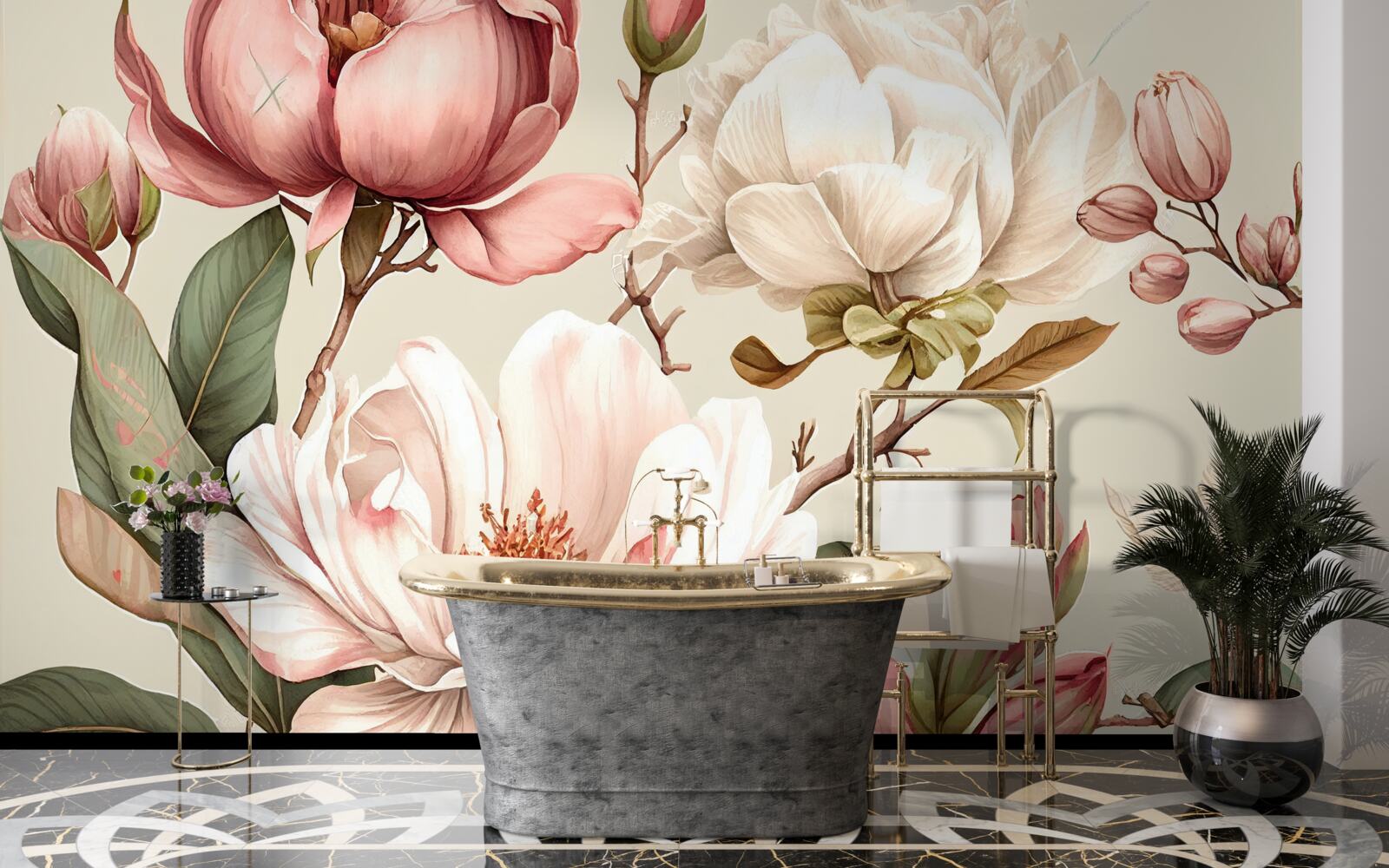 Papier peint des magnolias dans les tons rouge et blanc sur les branches