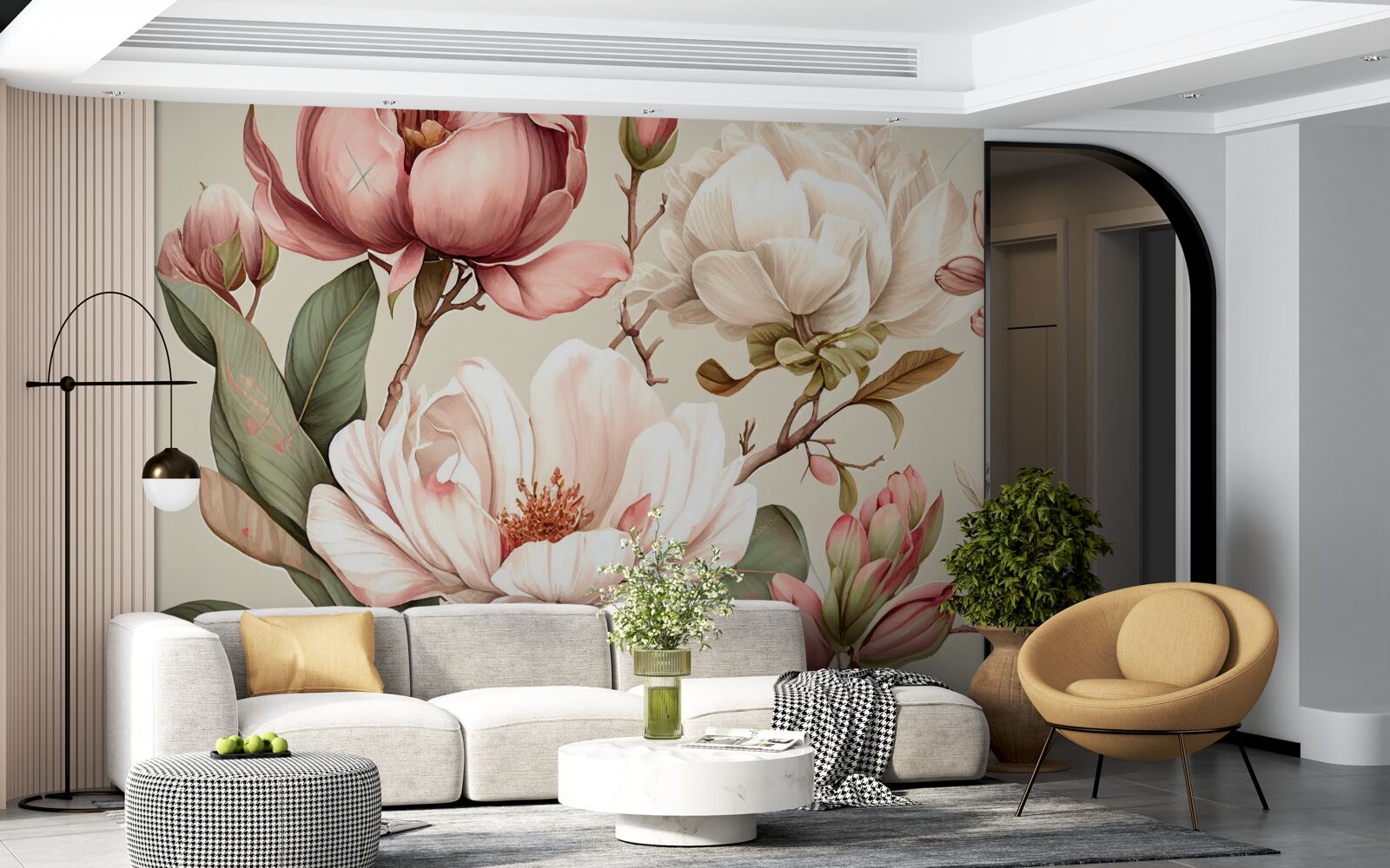 Papier peint des magnolias dans les tons rouge et blanc sur les branches