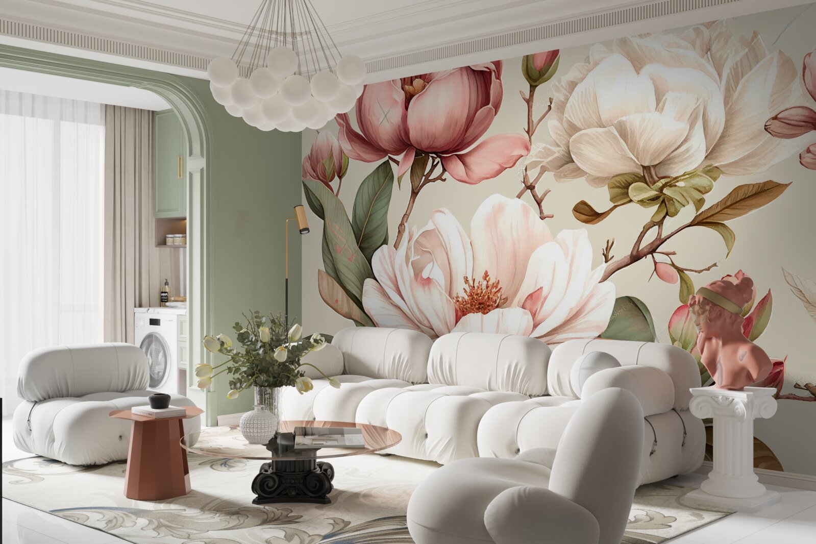 Papier peint des magnolias dans les tons rouge et blanc sur les branches