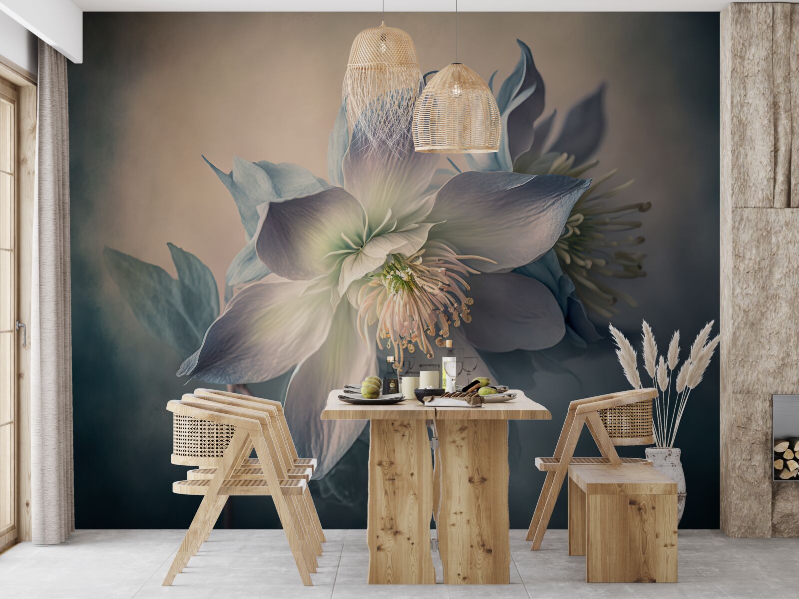 Papier peint bourgeon doux dans les tons blanc et bleu