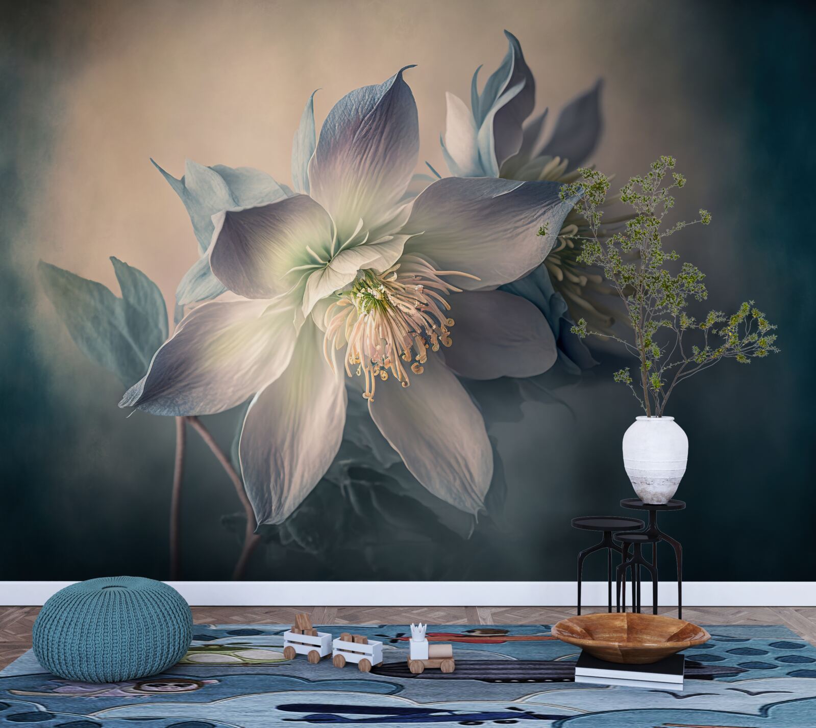 Papier peint bourgeon doux dans les tons blanc et bleu