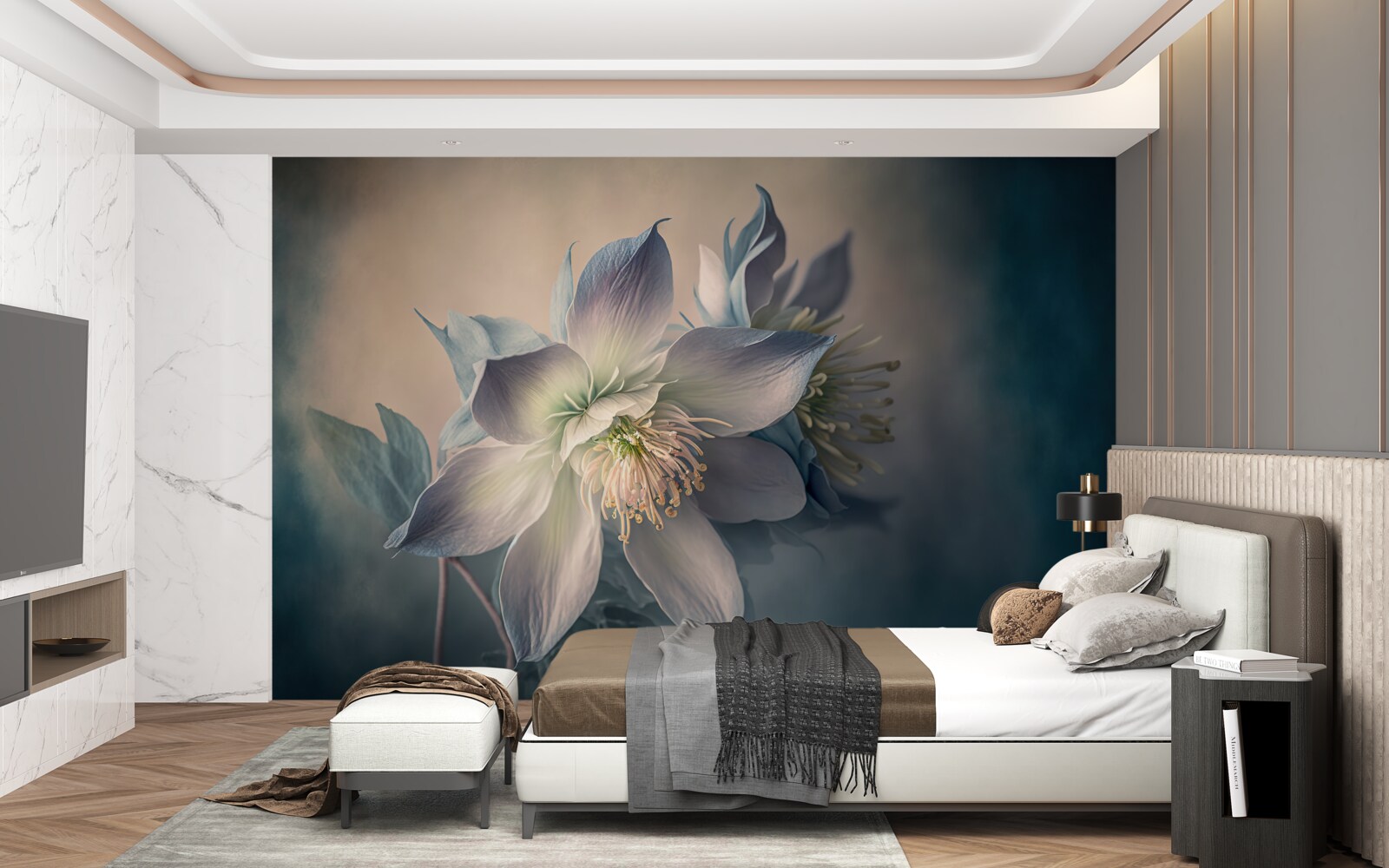 Papier peint bourgeon doux dans les tons blanc et bleu