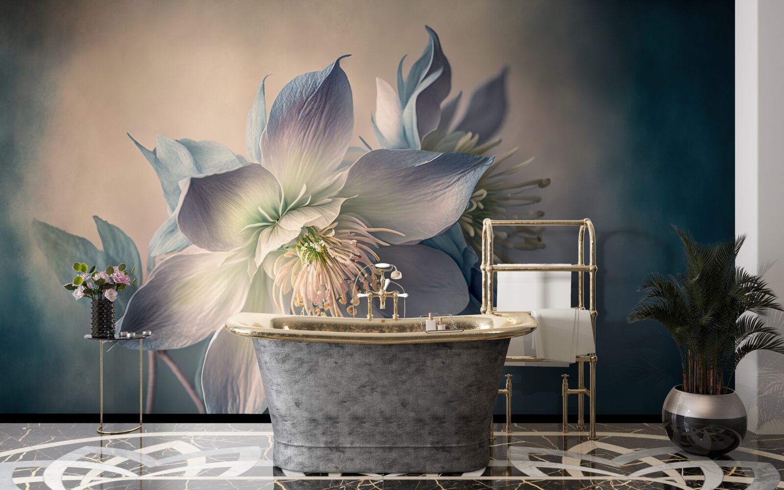 Papier peint bourgeon doux dans les tons blanc et bleu