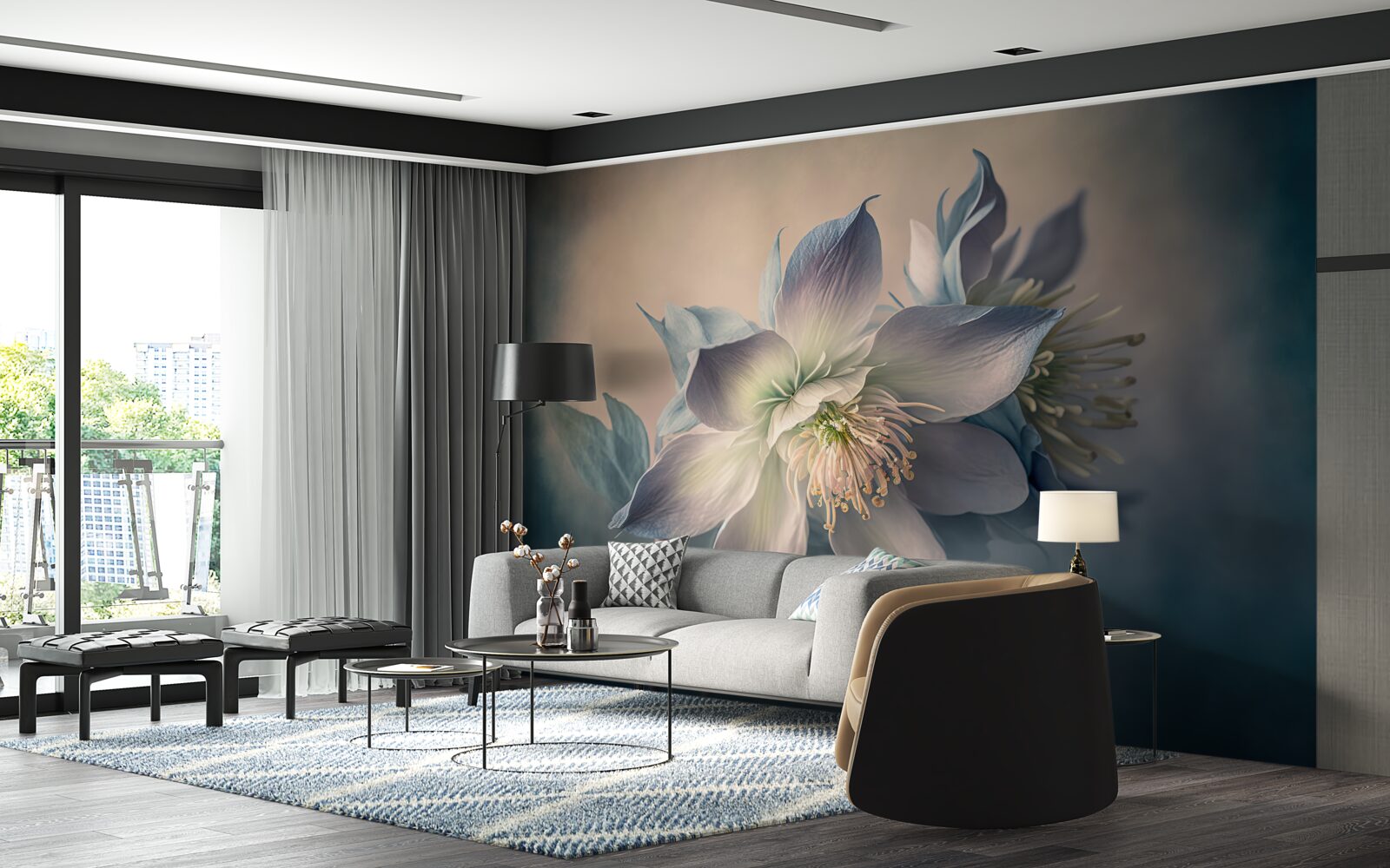 Papier peint bourgeon doux dans les tons blanc et bleu