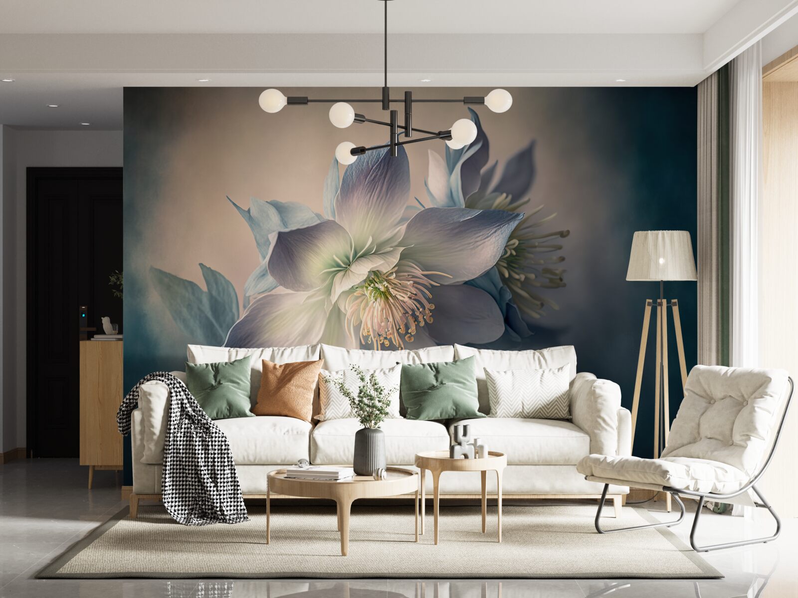 Papier peint bourgeon doux dans les tons blanc et bleu