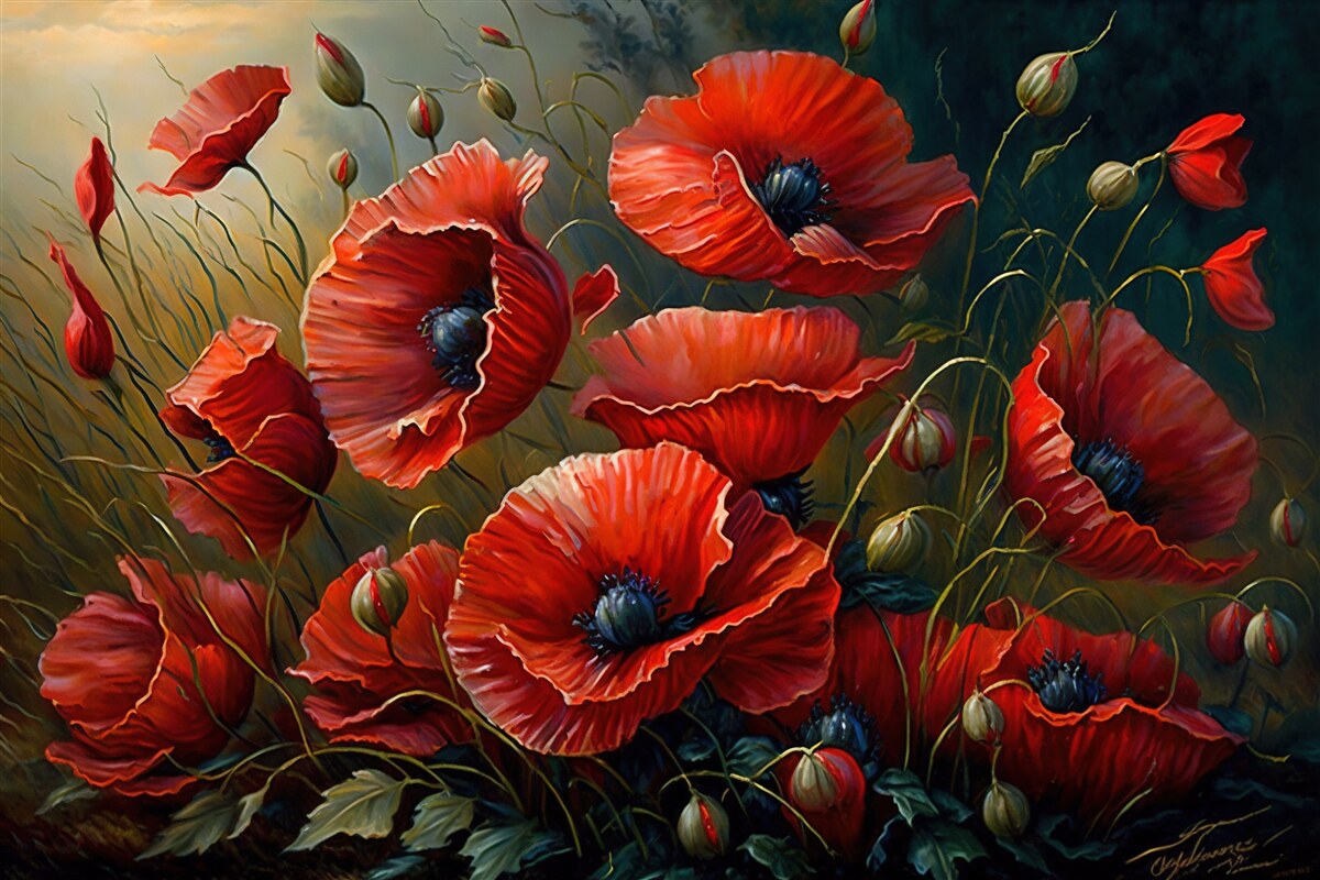 Papier peint pendant un orage, une plantation de coquelicots brillants