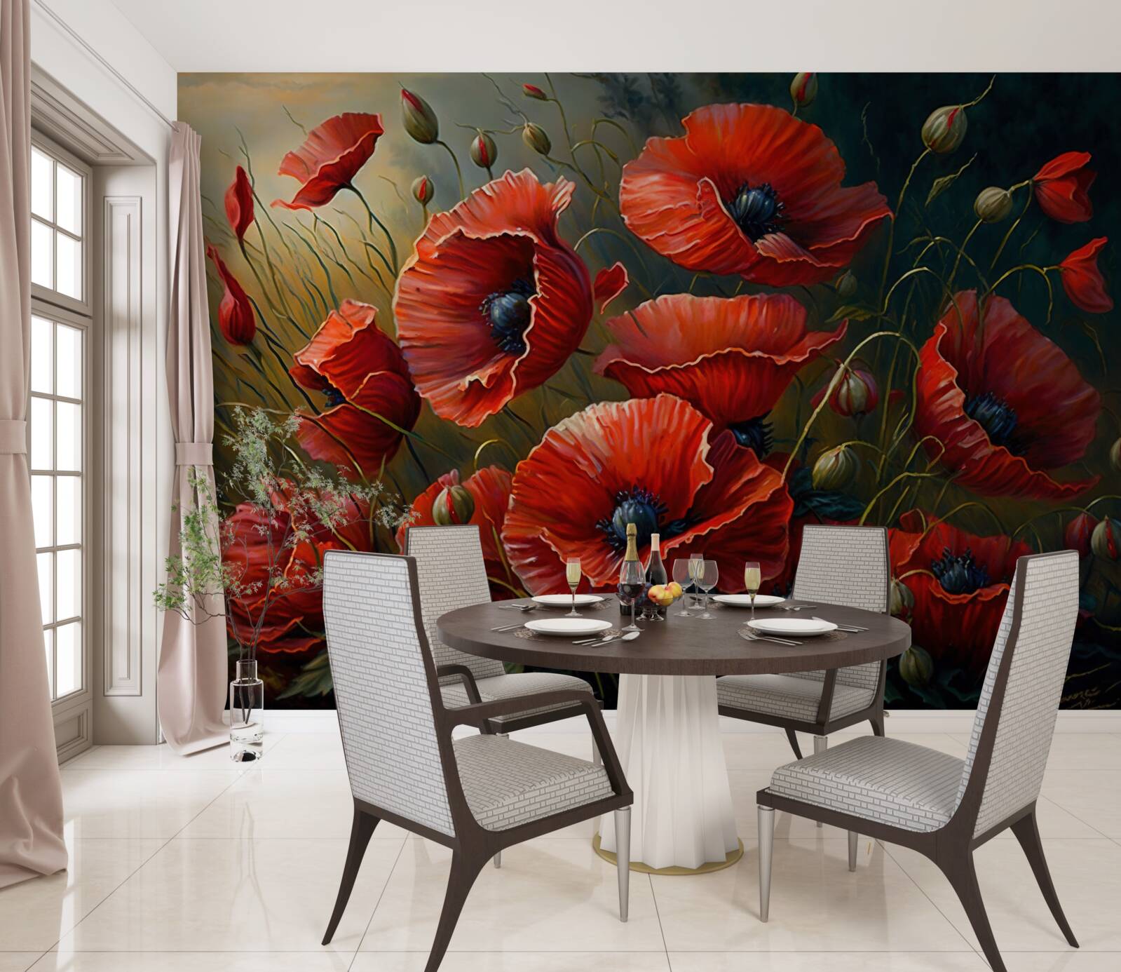 Papier peint pendant un orage, une plantation de coquelicots brillants