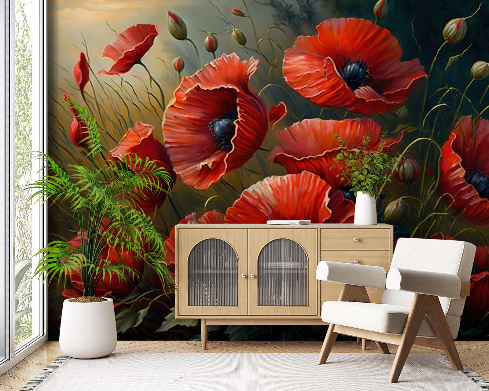 Papier peint pendant un orage, une plantation de coquelicots brillants