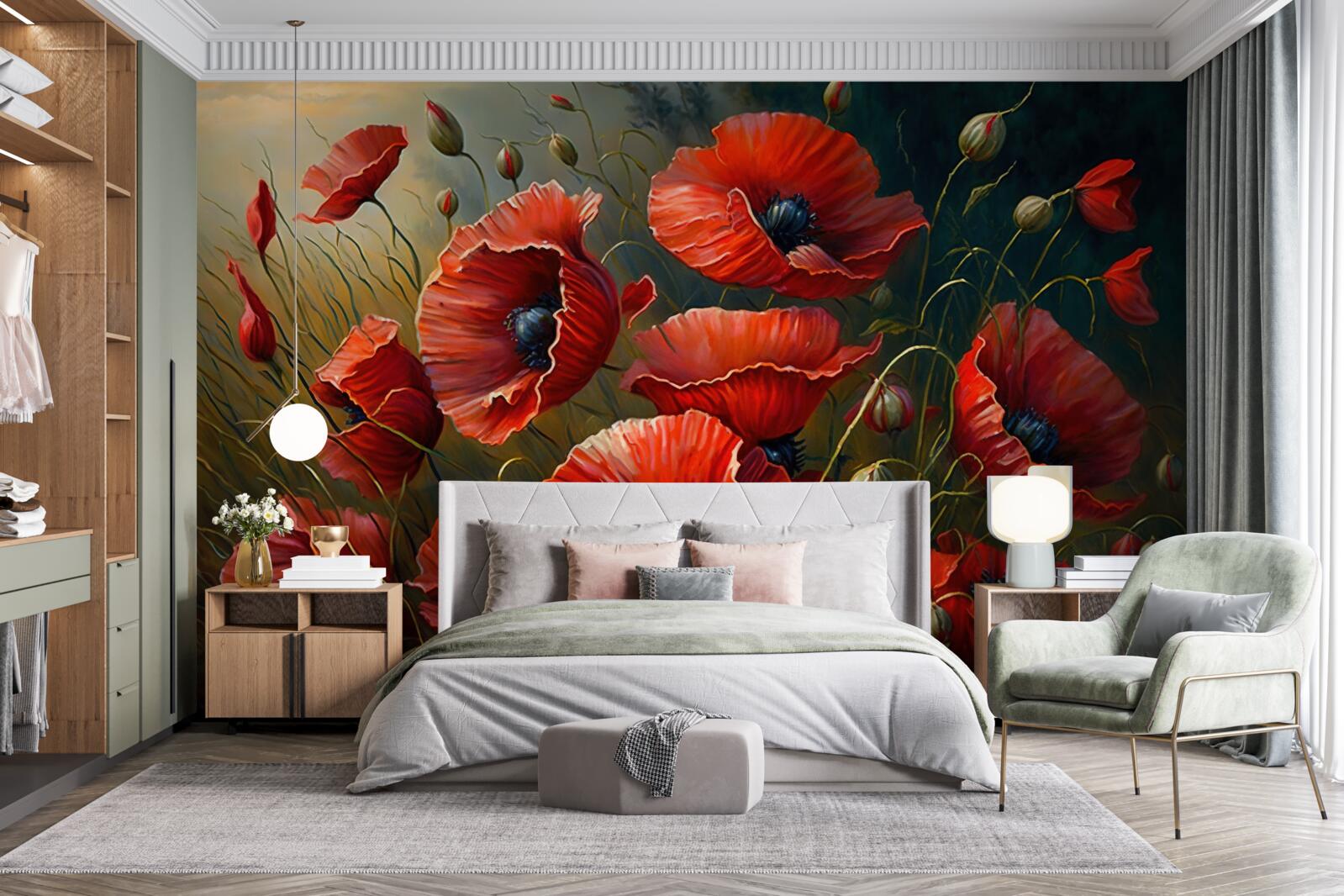 Papier peint pendant un orage, une plantation de coquelicots brillants