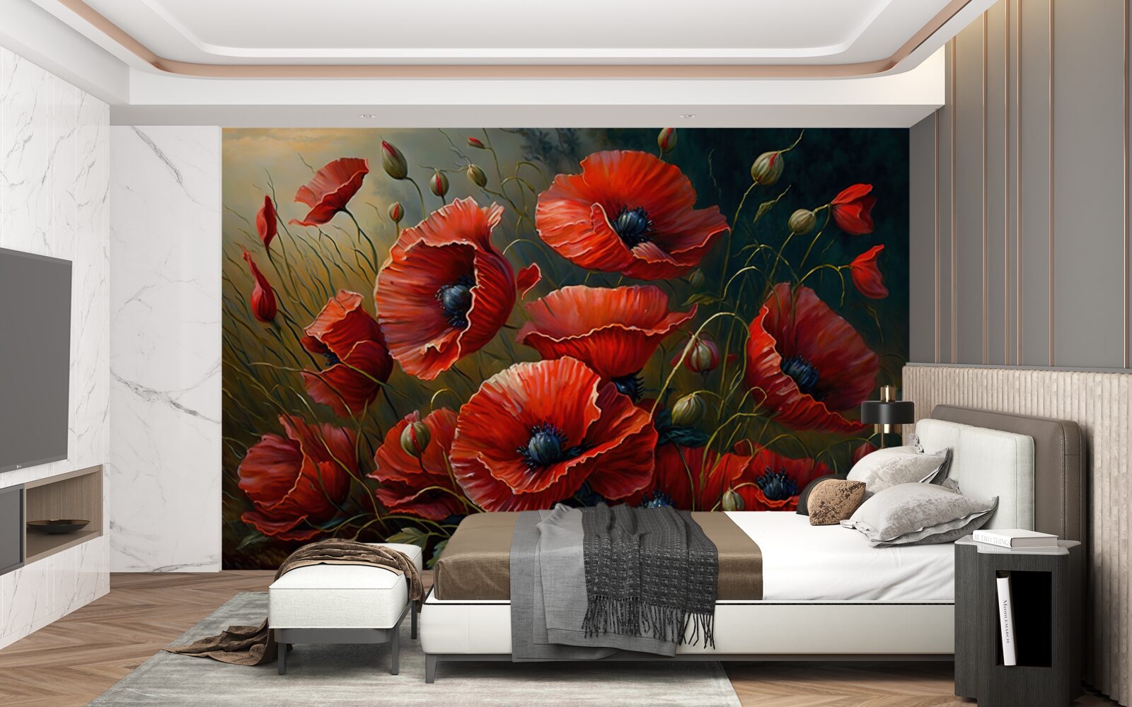 Papier peint pendant un orage, une plantation de coquelicots brillants