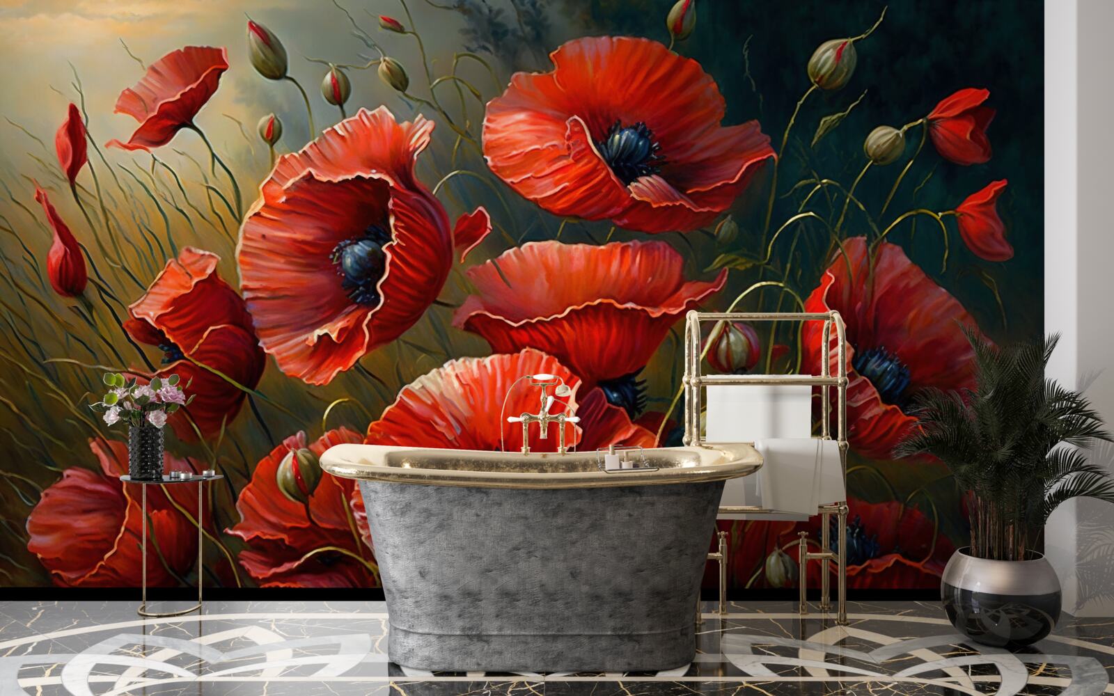 Papier peint pendant un orage, une plantation de coquelicots brillants