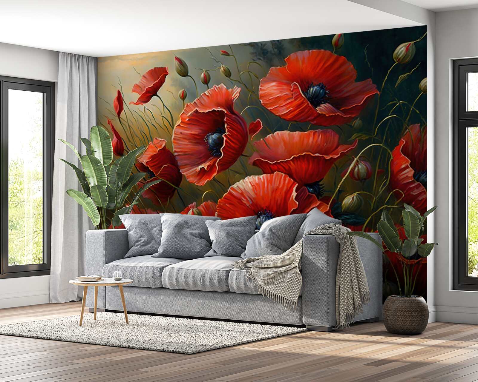 Papier peint pendant un orage, une plantation de coquelicots brillants