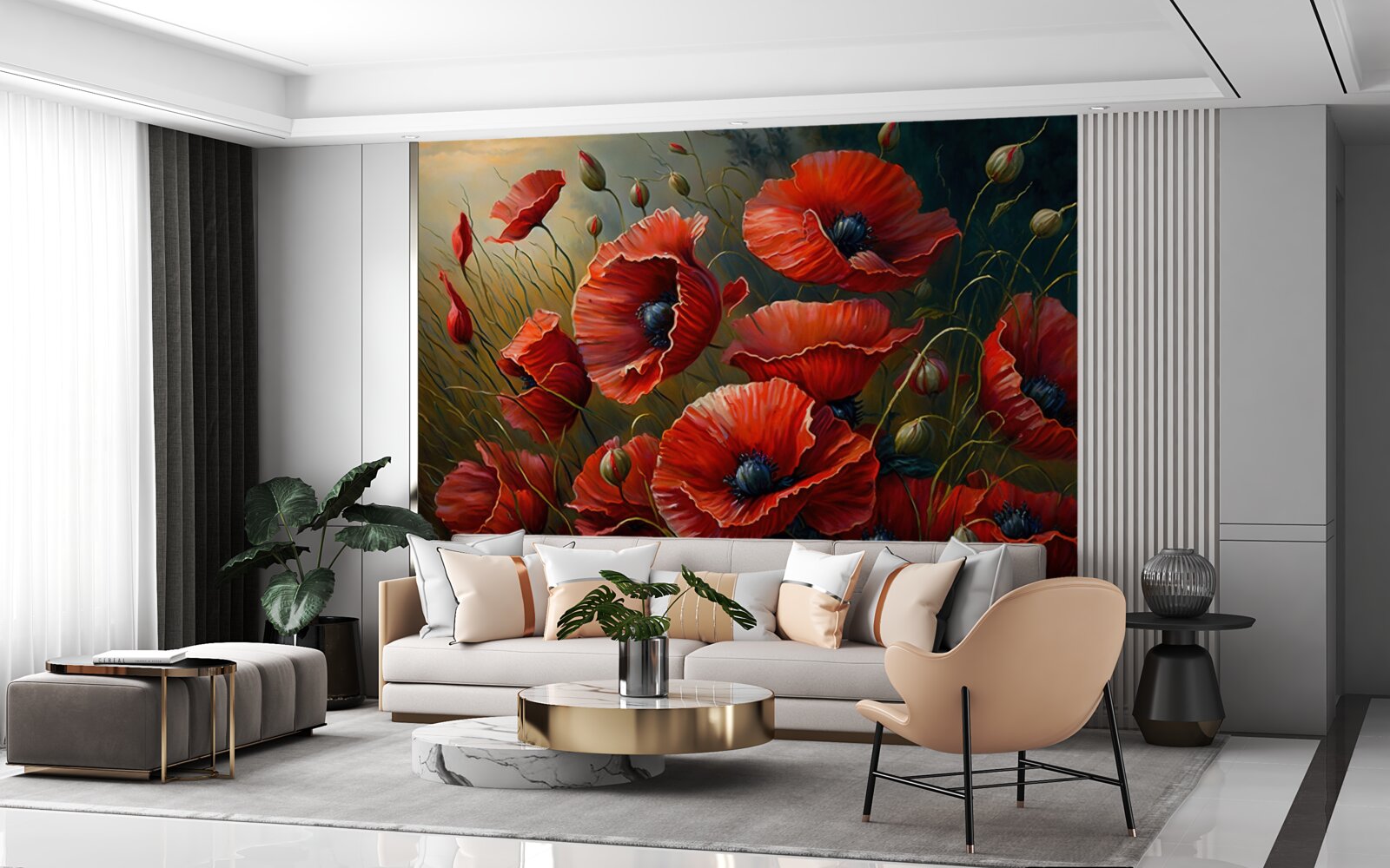 Papier peint pendant un orage, une plantation de coquelicots brillants