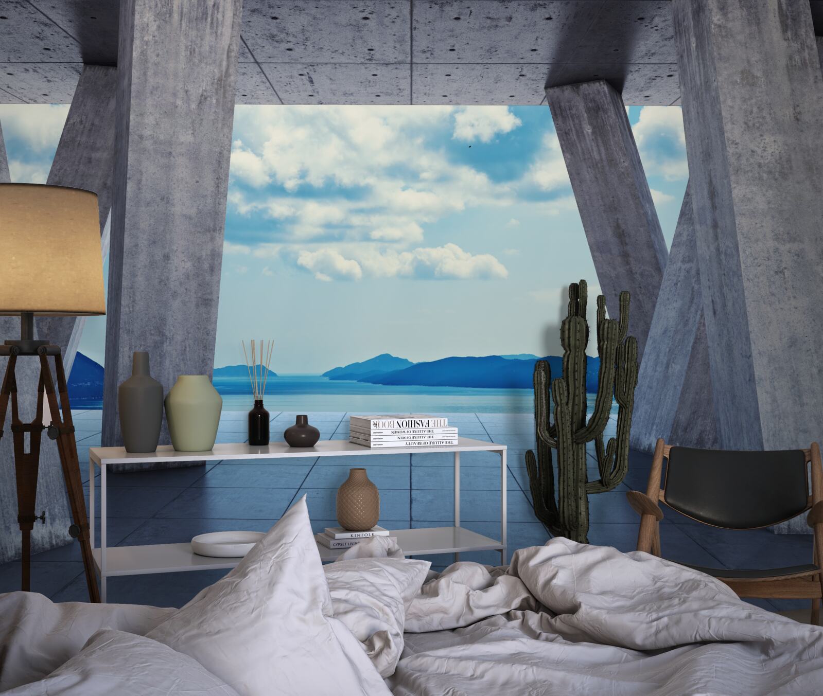 Papier peint Arches en béton ouvrant un panorama de montagnes et de ciel