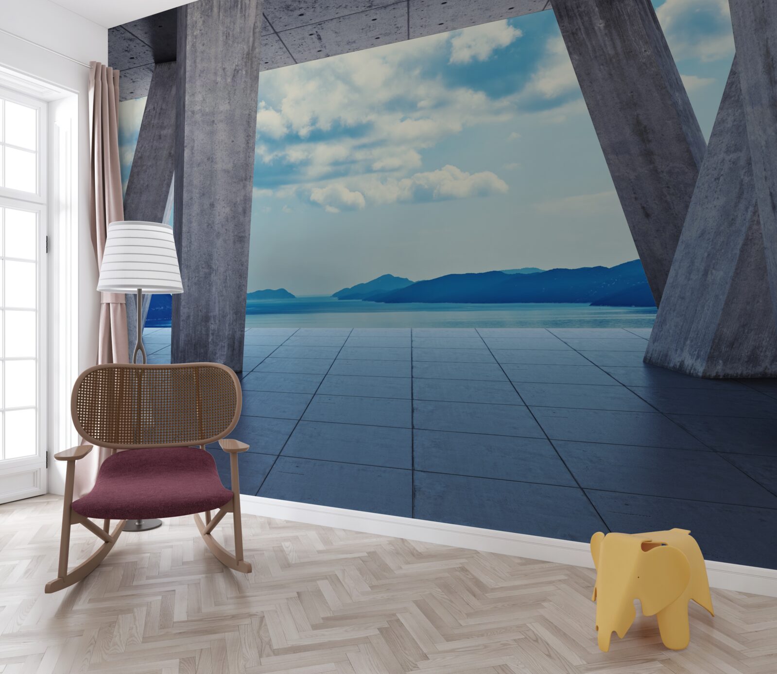 Papier peint Arches en béton ouvrant un panorama de montagnes et de ciel