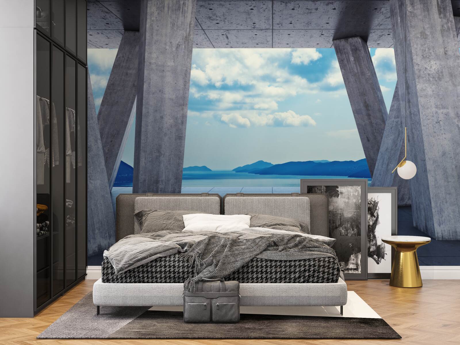 Papier peint Arches en béton ouvrant un panorama de montagnes et de ciel