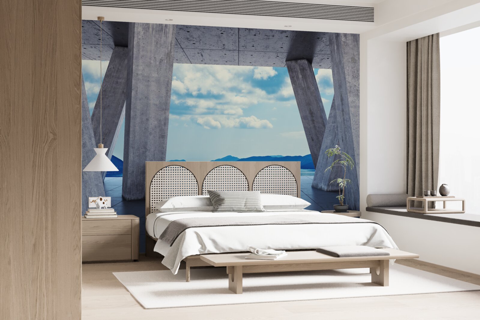 Papier peint Arches en béton ouvrant un panorama de montagnes et de ciel