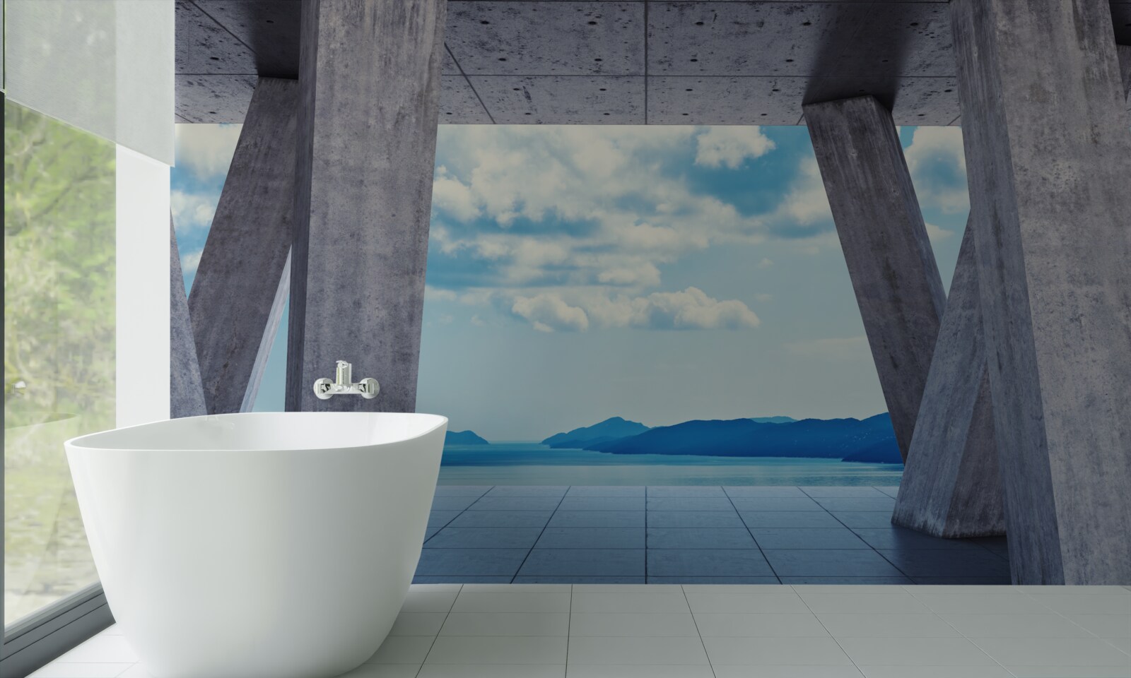 Papier peint Arches en béton ouvrant un panorama de montagnes et de ciel