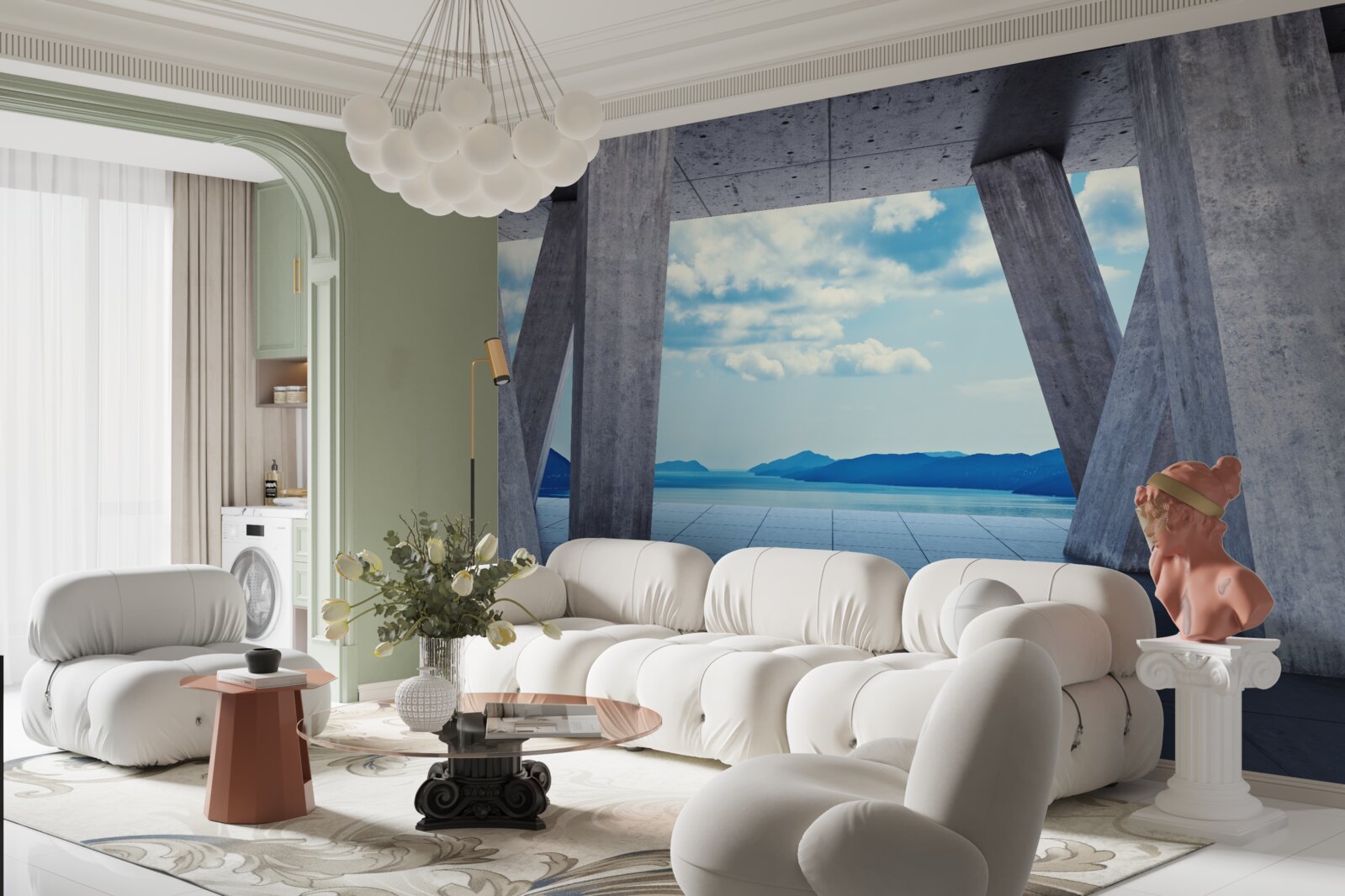 Papier peint Arches en béton ouvrant un panorama de montagnes et de ciel