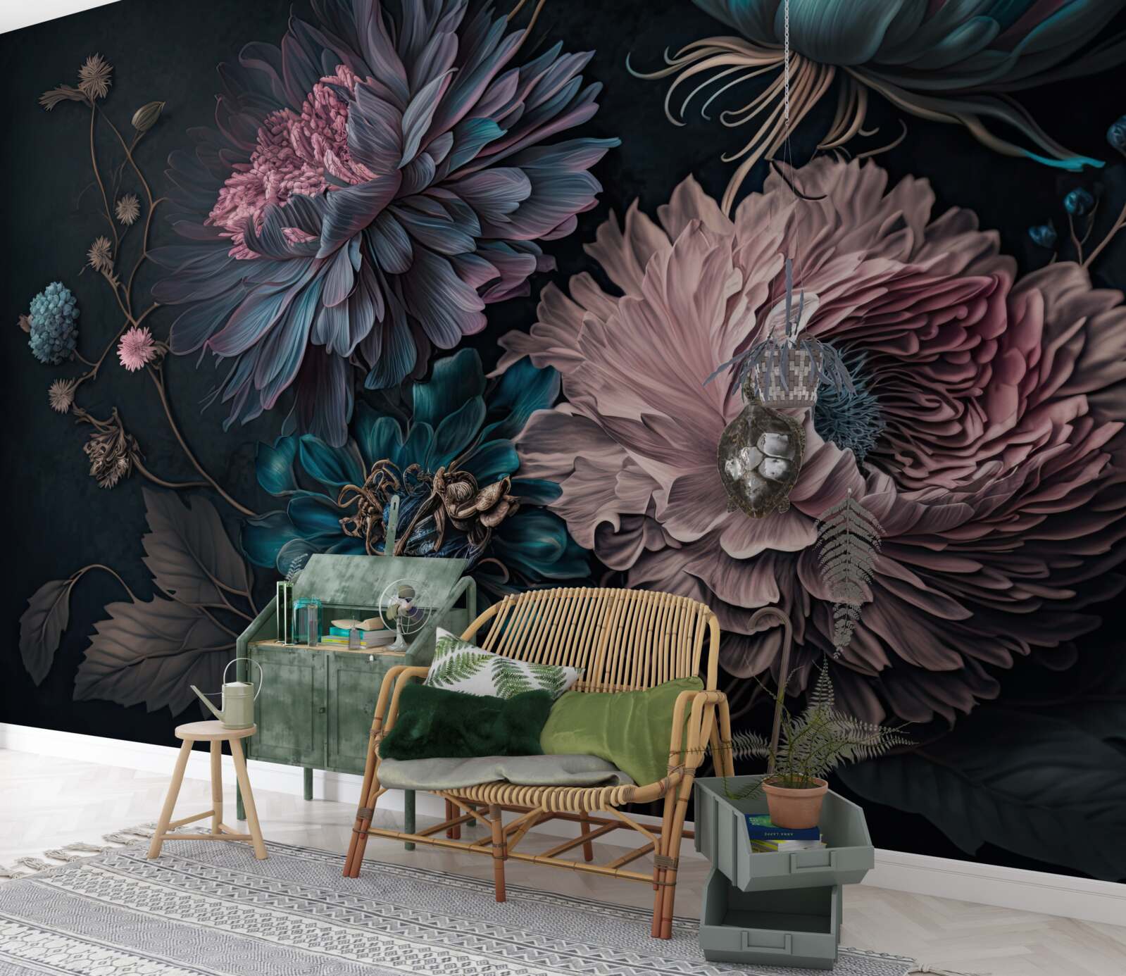 Papier peint fleurs tropicales s'épanouissant sur un fond sombre