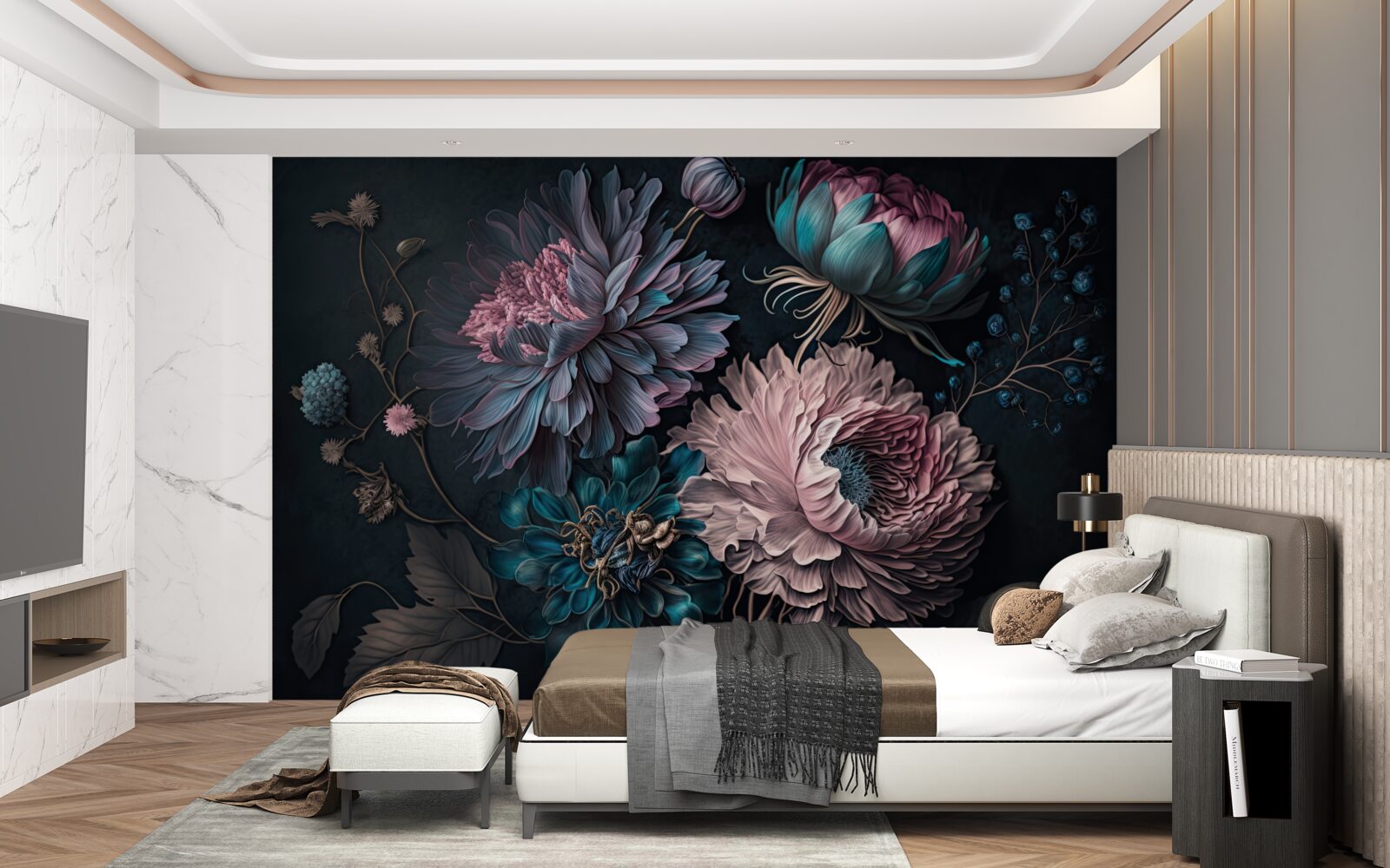 Papier peint fleurs tropicales s'épanouissant sur un fond sombre