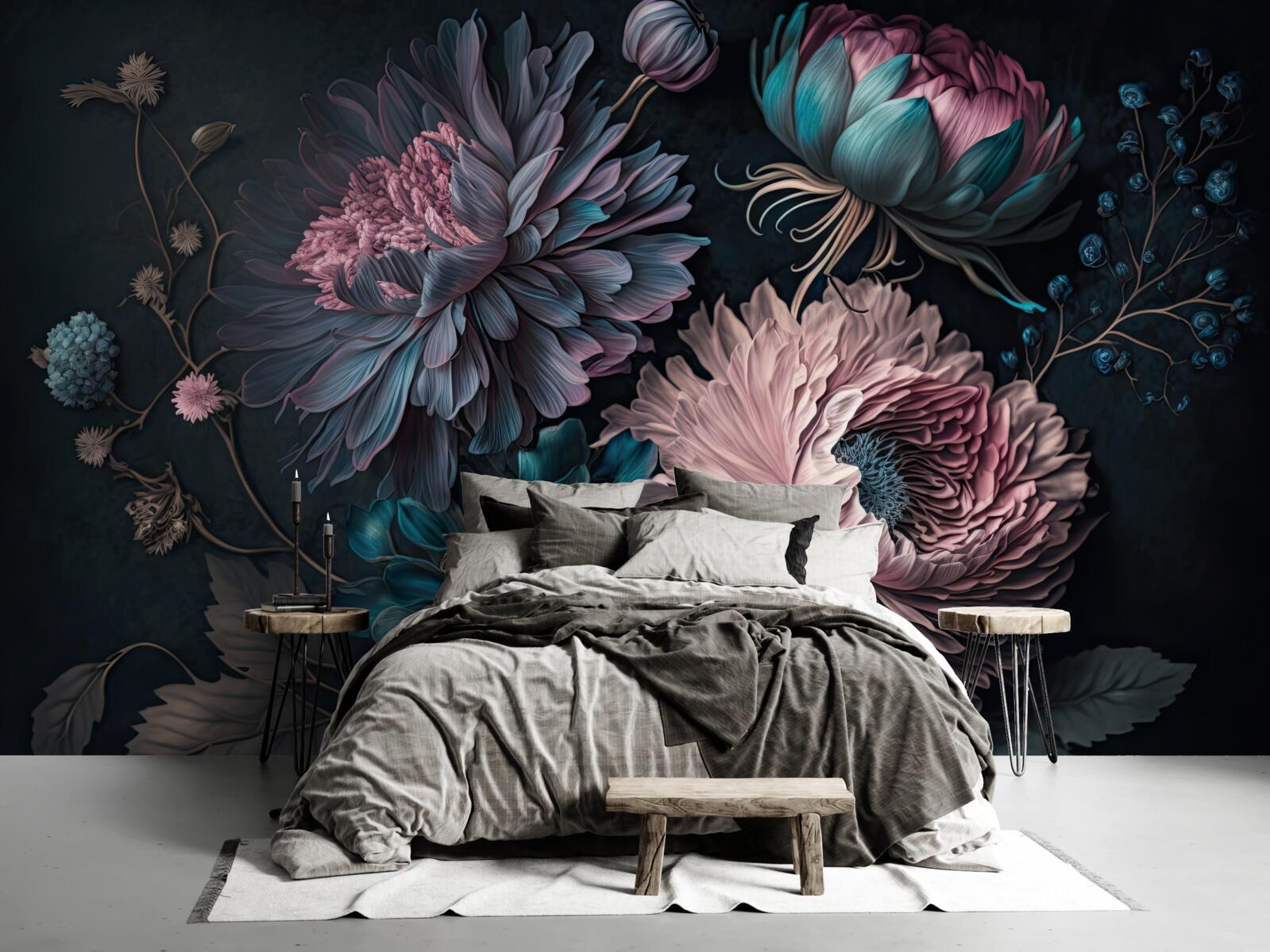 Papier peint fleurs tropicales s'épanouissant sur un fond sombre